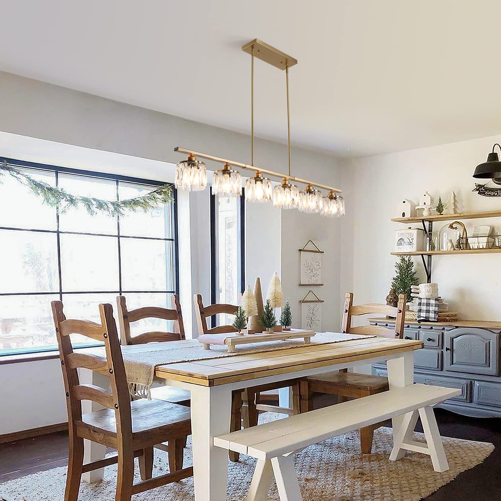 Modern Adjustable Brass Chandelier with Crystal Shade - 6-Light Linear Ceiling Pendant for Dining Room & Kitchen (48
