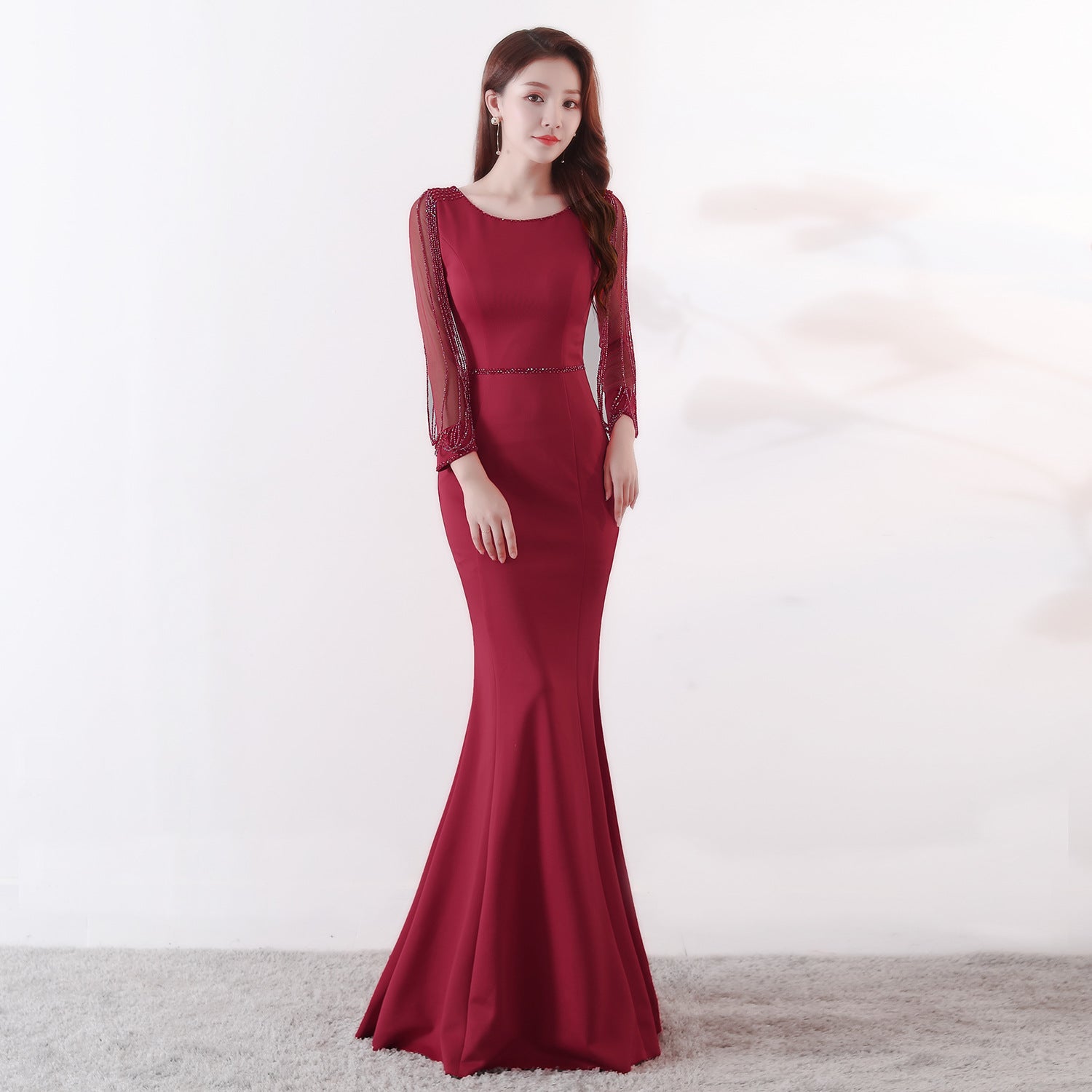 Elegant Rhinestone Chain Fishtail Evening Dress for Women - Long Sleeve Bridal Toast Gown with Sexy Trailing Design | Perfect for Weddings, Proms, and Formal Events