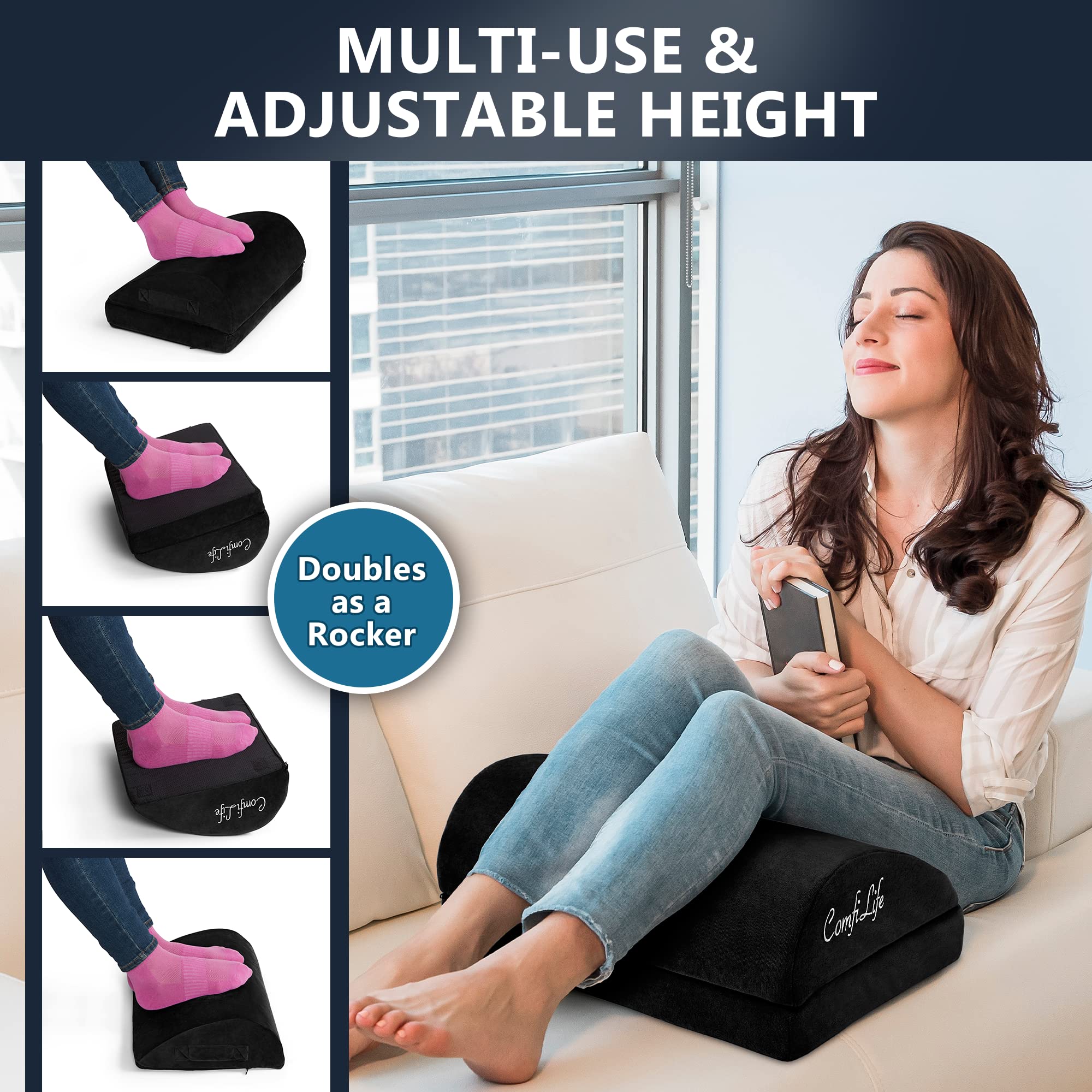 ComfiLife Adjustable Memory Foam Foot Rest for Office & Gaming - Ergonomic Teardrop Design Relieves Back, Hip & Leg Pain - Under Desk Support for Work, Home & Study - Black (100% Premium Memory Foam)