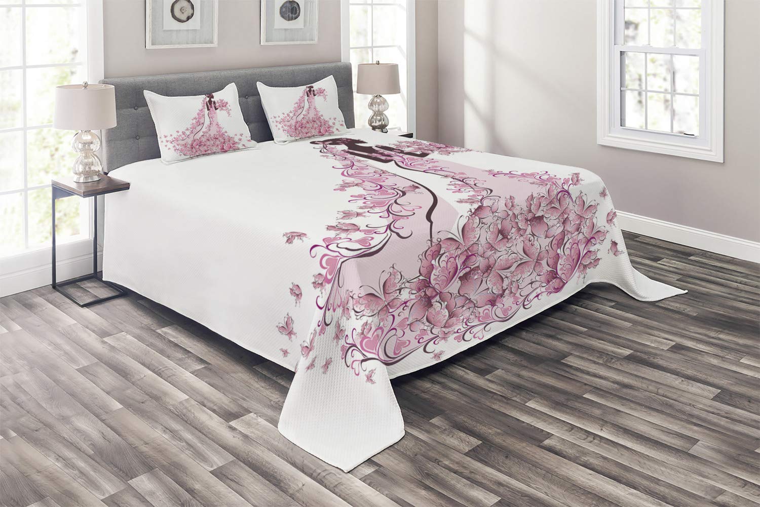 Ambesonne 3-Piece King Size Wedding Bedspread Set - Floral Hearts & Butterflies Quilted Coverlet with 2 Pillow Shams in Pale Pink, Maroon & White | Bridal Bedding for Wedding Night, Anniversary Gift & Romantic Bedroom Decor