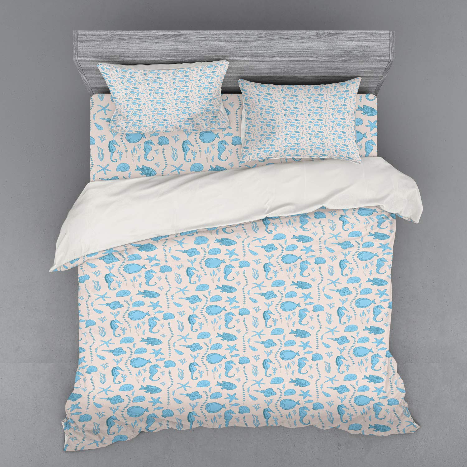 Ambesonne Nautical Duvet Cover Set - King Size 4 Piece Bedding with Shams & Fitted Sheet | Sea Plant Seahorses Fish Shells Coral Monochrome Design in Sky Blue | Perfect for Beach House, Coastal Decor & Ocean Themed Bedrooms