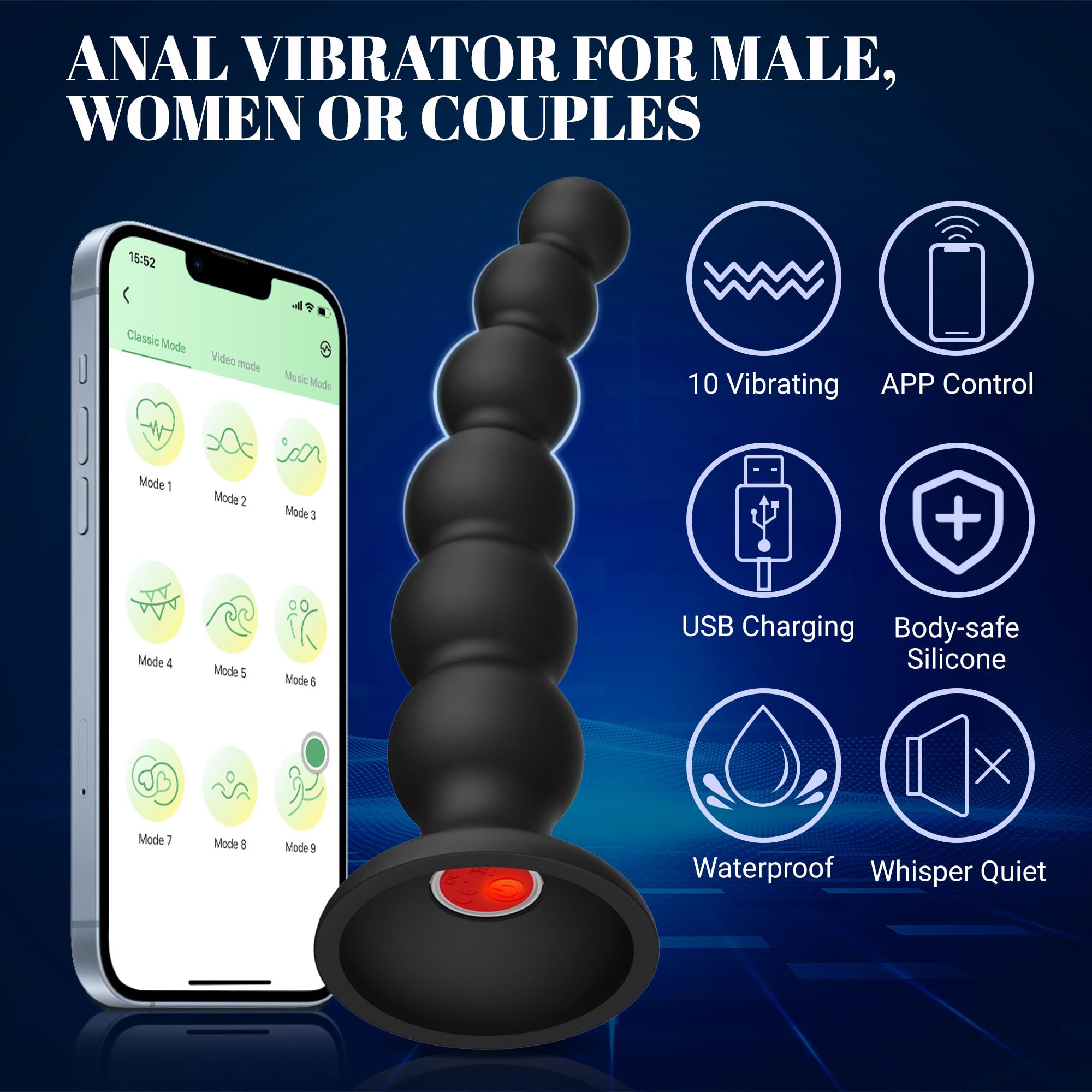 9-Speed APP Controlled Vibrating Anal Beads & Prostate Massager - Waterproof Silicone Butt Plug for Men, Women & Couples | Intimate Play, Couples Games & Solo Pleasure