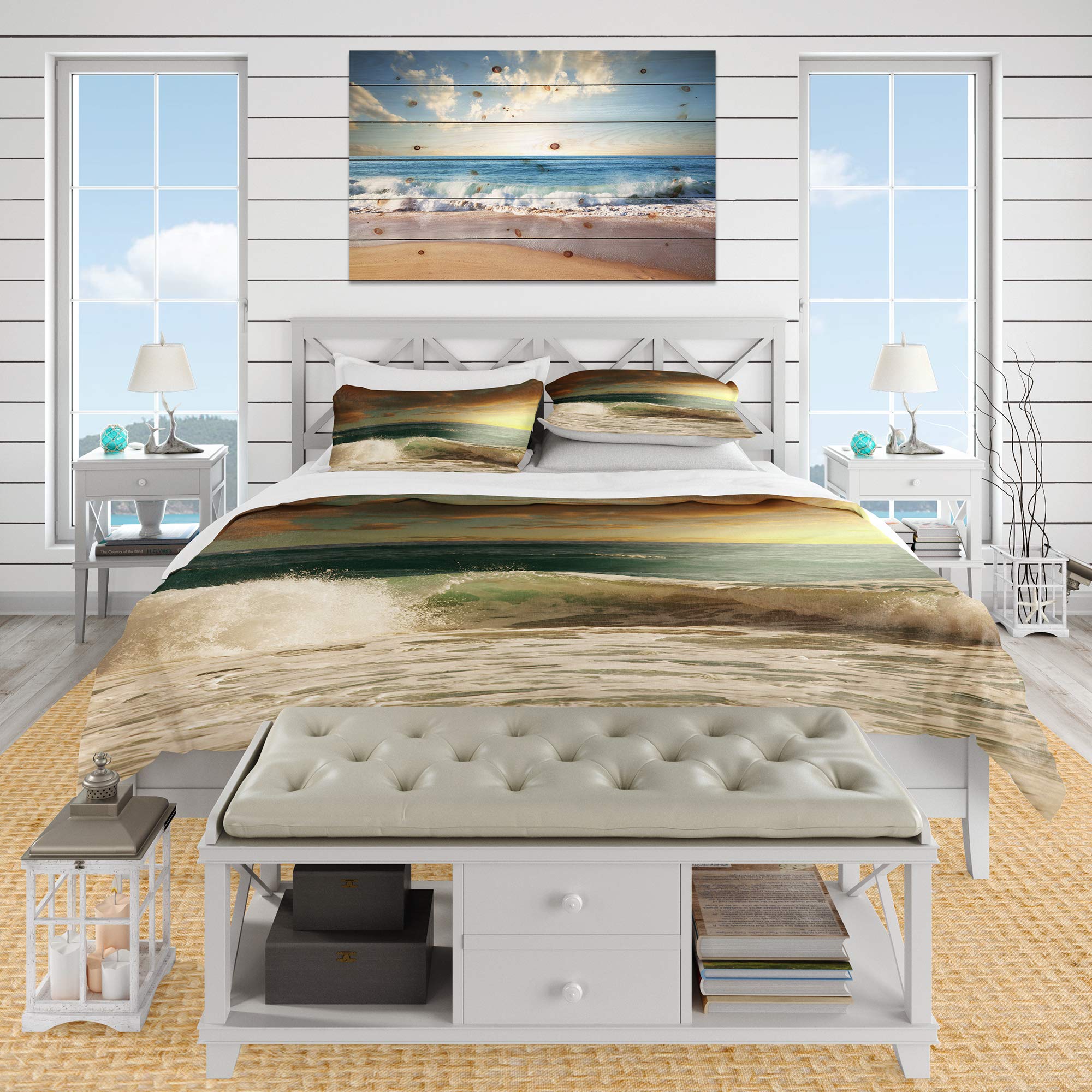 DesignQ Nautical & Coastal Duvet Cover Set - Twin Size White Beach Bedding with Rushing Waves Under Heavy Clouds Print, 3-Piece All Season Comfort - Perfect for Coastal Themed Bedrooms & Vacation Home Decor