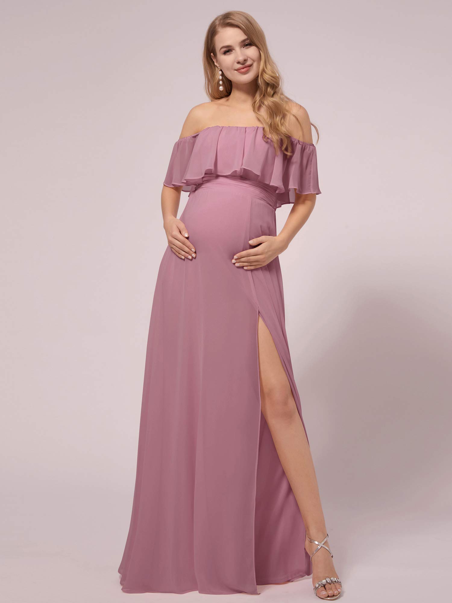 Ever-Pretty Women's Off-Shoulder Side Slit Long Chiffon Ruffle Maternity Dress for Pregnancy Party & Photography - Style 0969-EY | Perfect for Baby Showers, Bridal Events & Special Occasions
