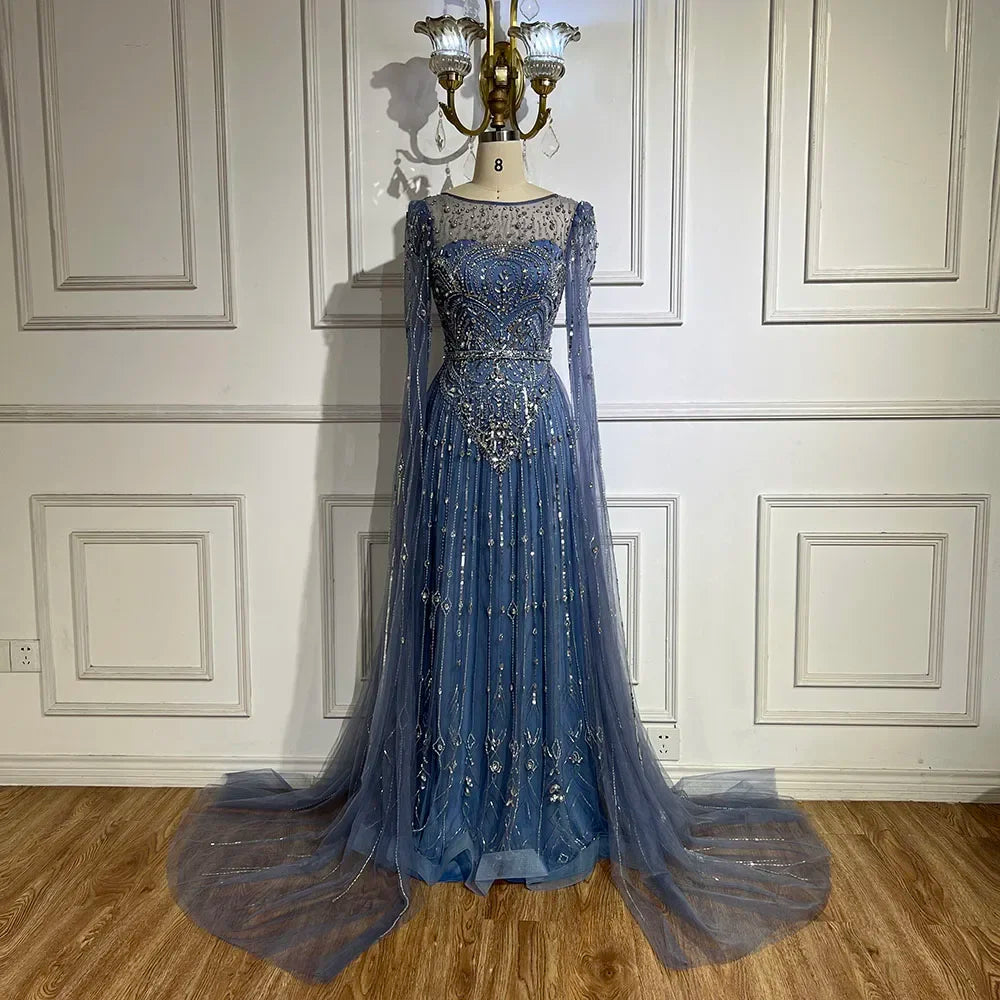 Luxury Designer Blue Beaded Stone Arabic Evening Dress with Cape Sleeve LA72635 - Elegant Formal Gown for Weddings, Galas & Special Occasions