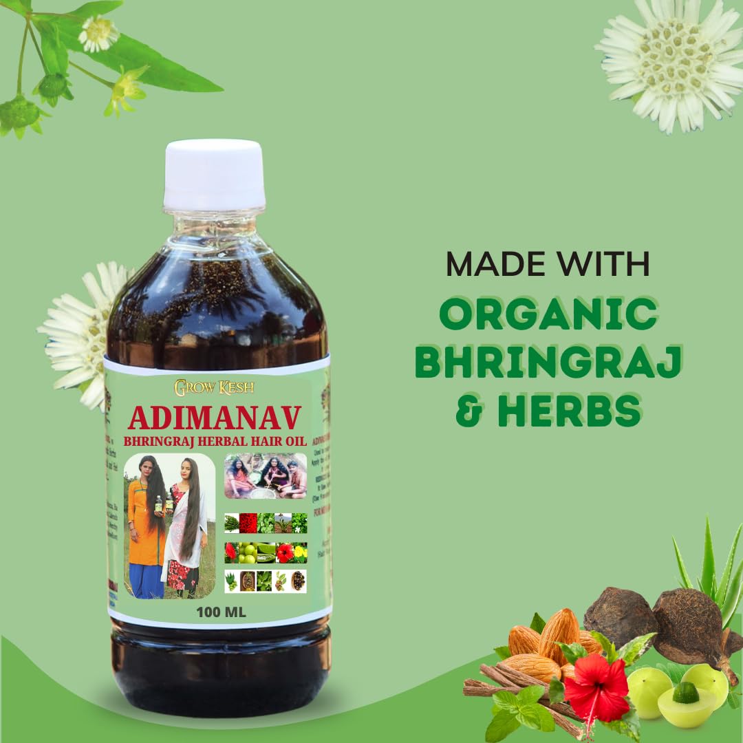 Growkesh Adimanav Bhringraj Herbal Hair Oil - 100% Pure & Natural Hair Growth Treatment for Men & Women | 200ml (Pack of 2) | Reduces Hair Fall, Promotes Thick & Long Hair | Perfect for Daily Scalp Massage & Ayurvedic Hair Care Routine