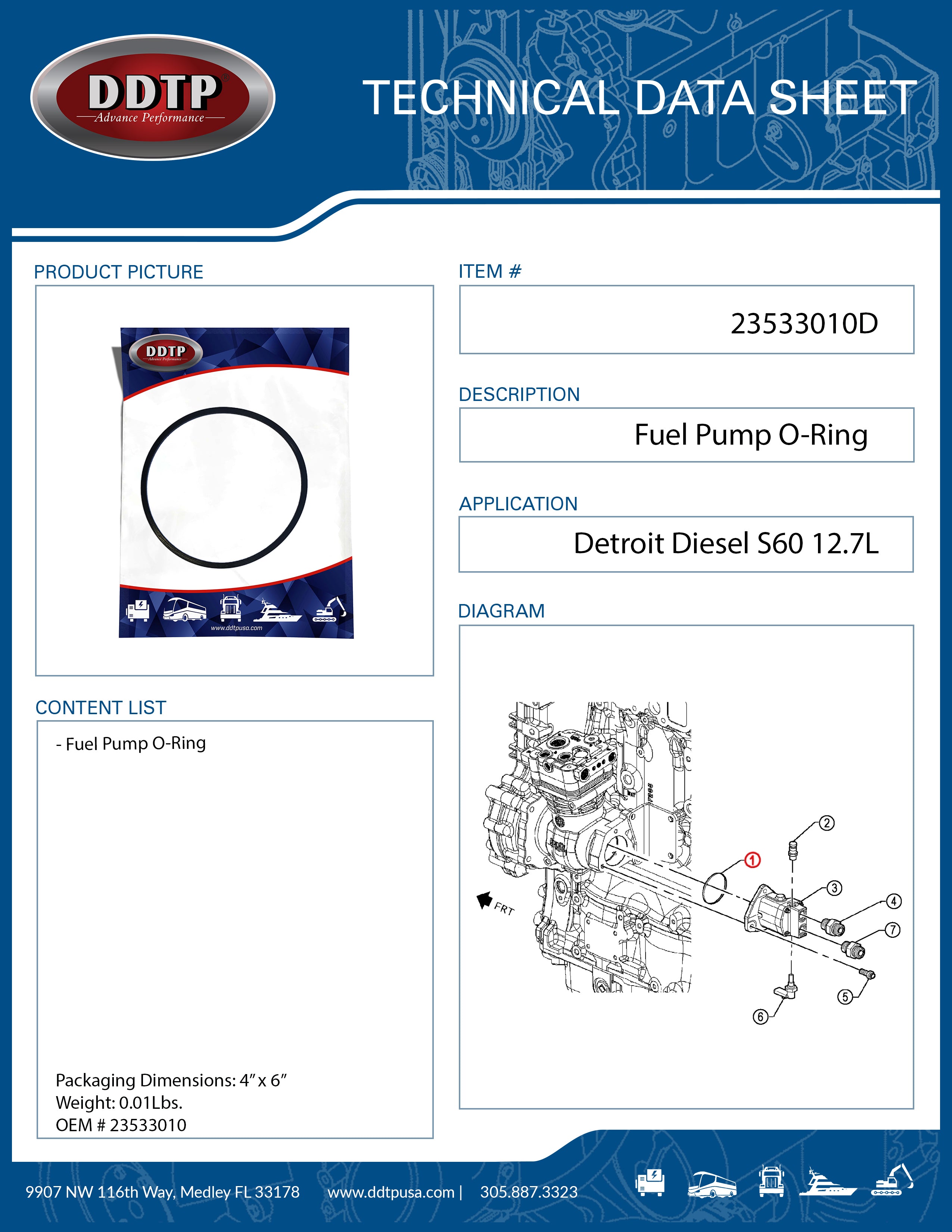 Detroit Diesel S60 12.7L EGR Fuel Pump O-Ring Seal (23533010) - Replacement Part for Heavy Duty Truck Engine Repair & Maintenance