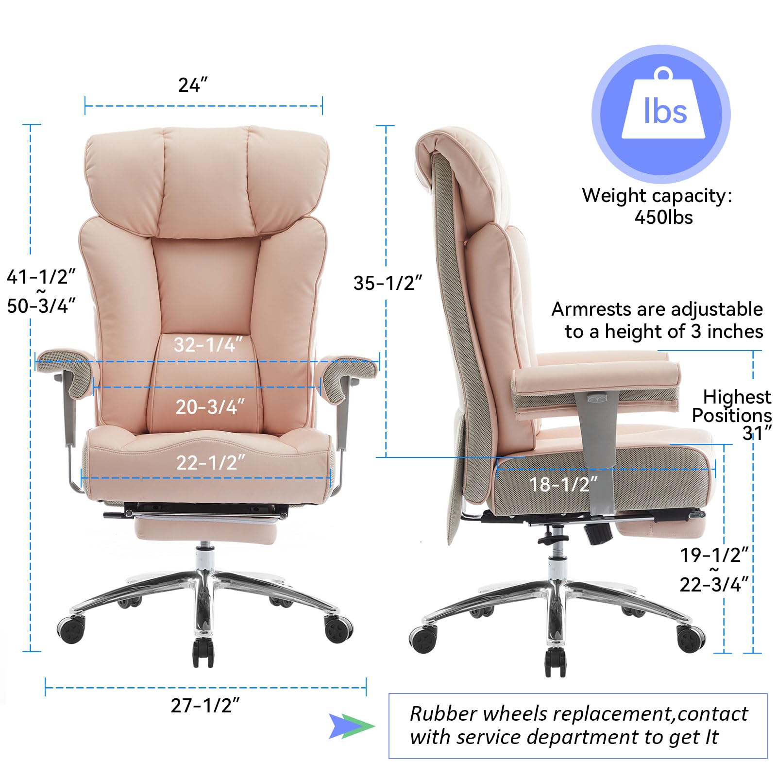 Efomao Big and Tall Office Chair 450lbs - Heavy Duty Ergonomic Executive Computer Chair with Footrest & High Back - Premium PU Leather Pink Office Chair for Home & Office Workspaces