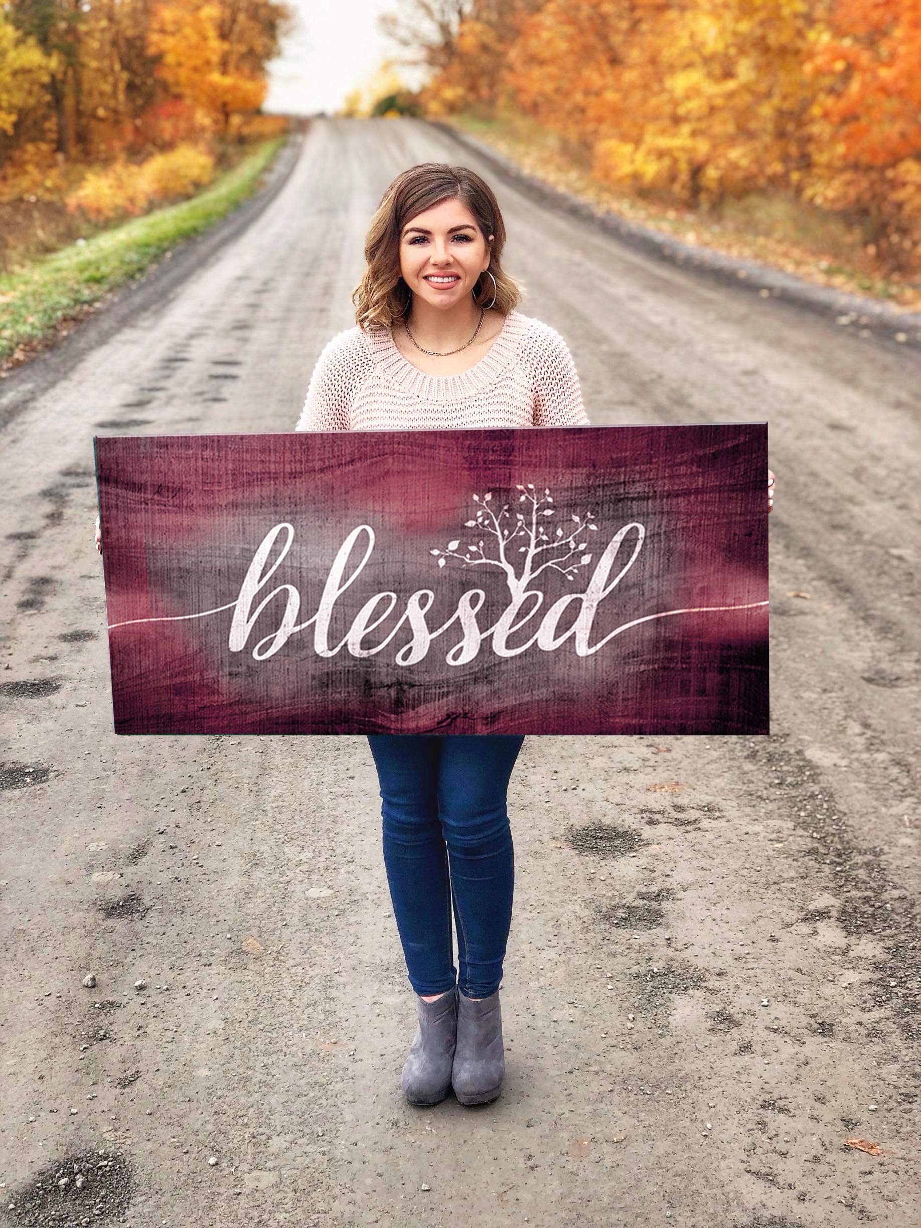 Christian Wall Art - Blessed Sign & Thankful Quotes Religious Home Decor - 42x19 Inch Wine Red Blessed Word Sign - Perfect for Church, Living Room & Bedroom Inspiration