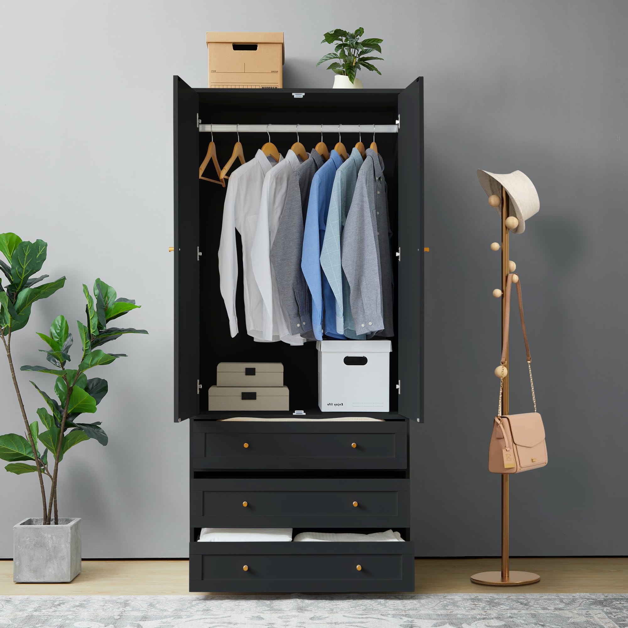 LEVNARY 2-Door Wardrobe Cabinet with 3 Drawers & Hanging Rod - Modern Freestanding Closet Organizer for Bedroom, Armoire Storage (Black) | Perfect for Small Spaces, Guest Rooms & Apartment Clothing Organization
