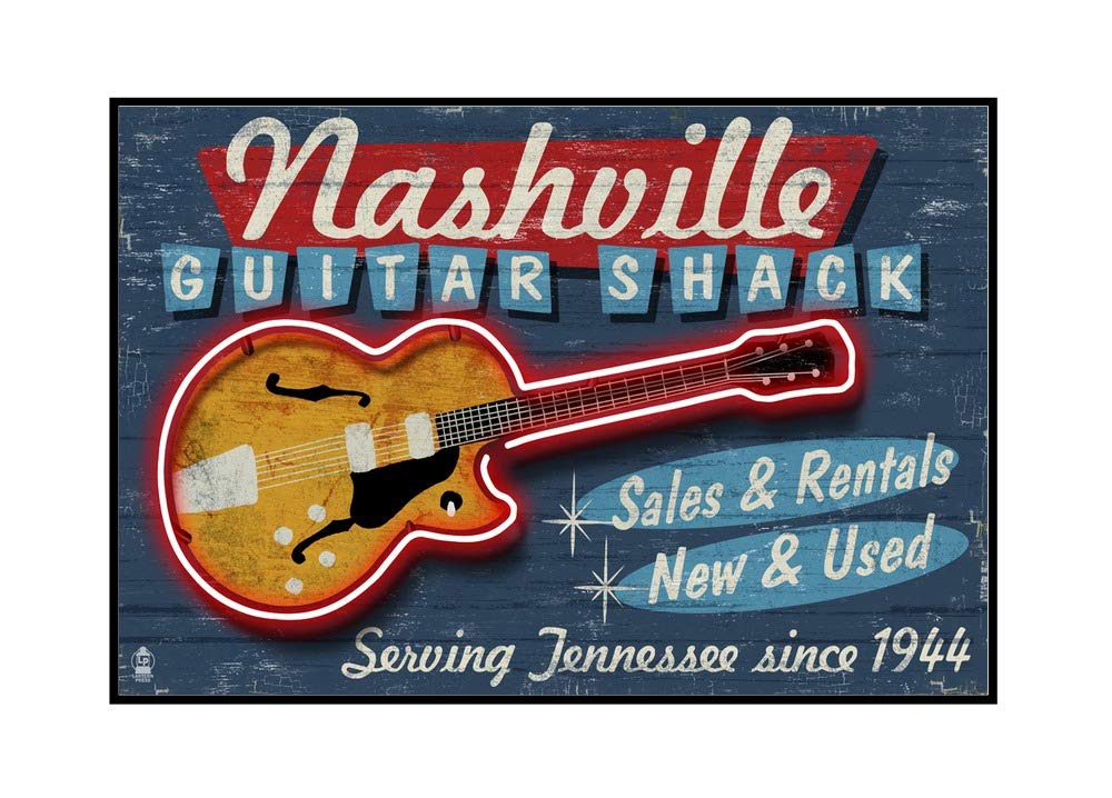 Vintage Guitar Shack Nashville Tennessee Sign - 36x24 Framed Gallery Wrapped Canvas Wall Art - Perfect for Music Room, Bar, or Man Cave Decor