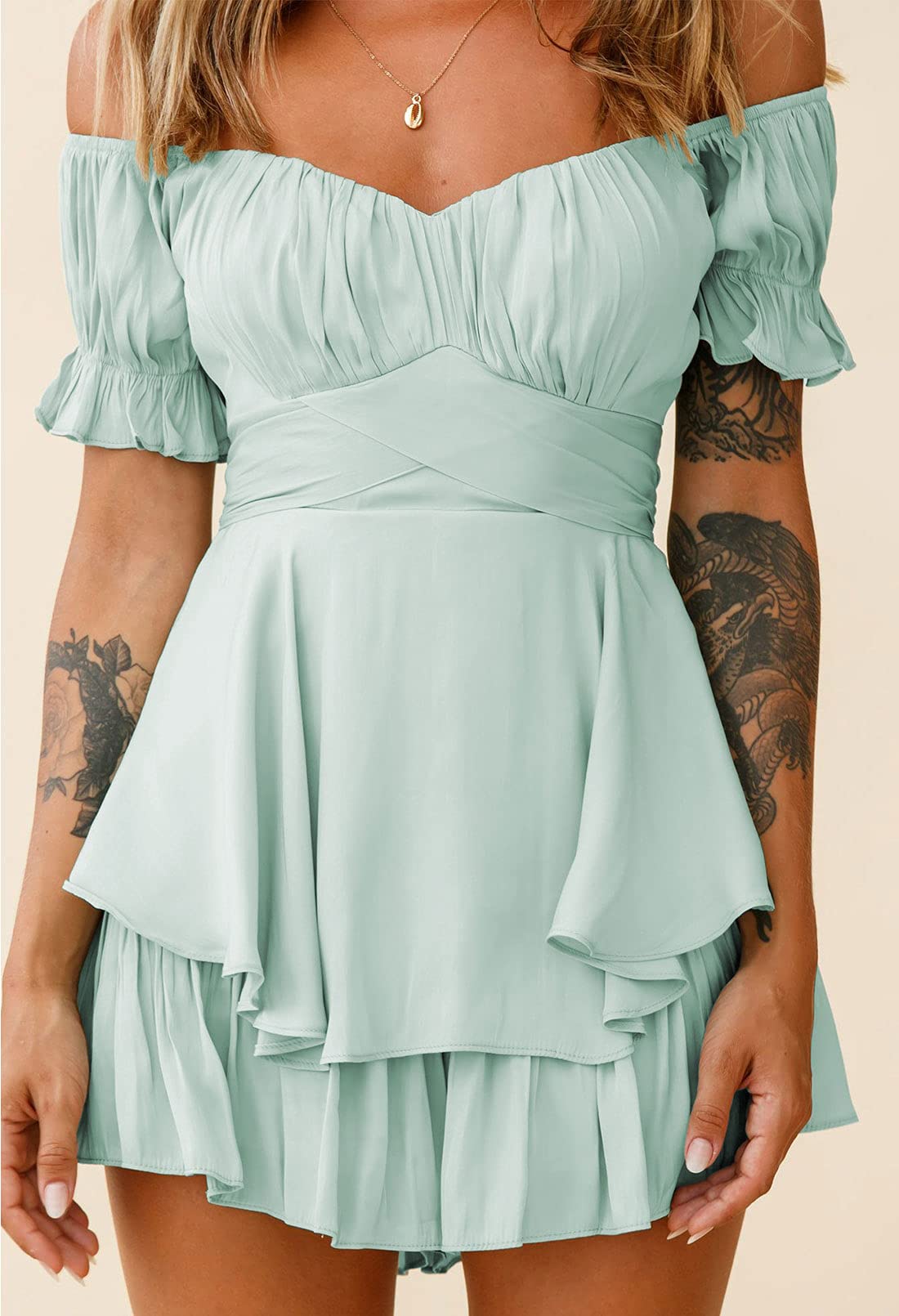 Fixmatti Women's Boho Romper - Off Shoulder Ruffle Chiffon Shorts Jumpsuit Playsuit for Summer Beach Vacation & Music Festival Outfits