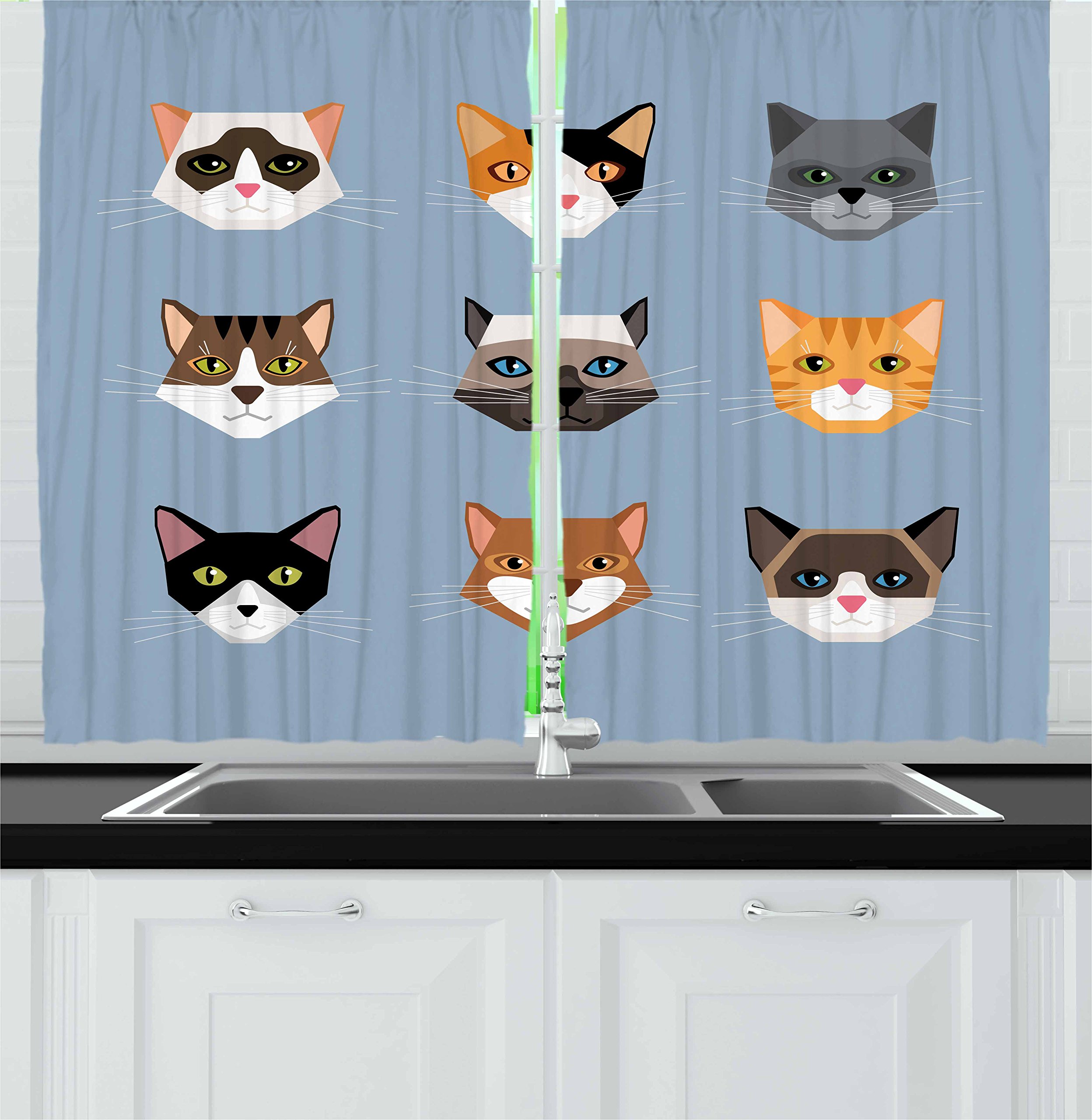 Ambesonne Cat Themed Kitchen Curtains - 2 Panel Set with Playful Kitten Portrait & Whiskers Design, Modern Caricature Print Window Drapes for Kitchen & Cafe Decor, 55