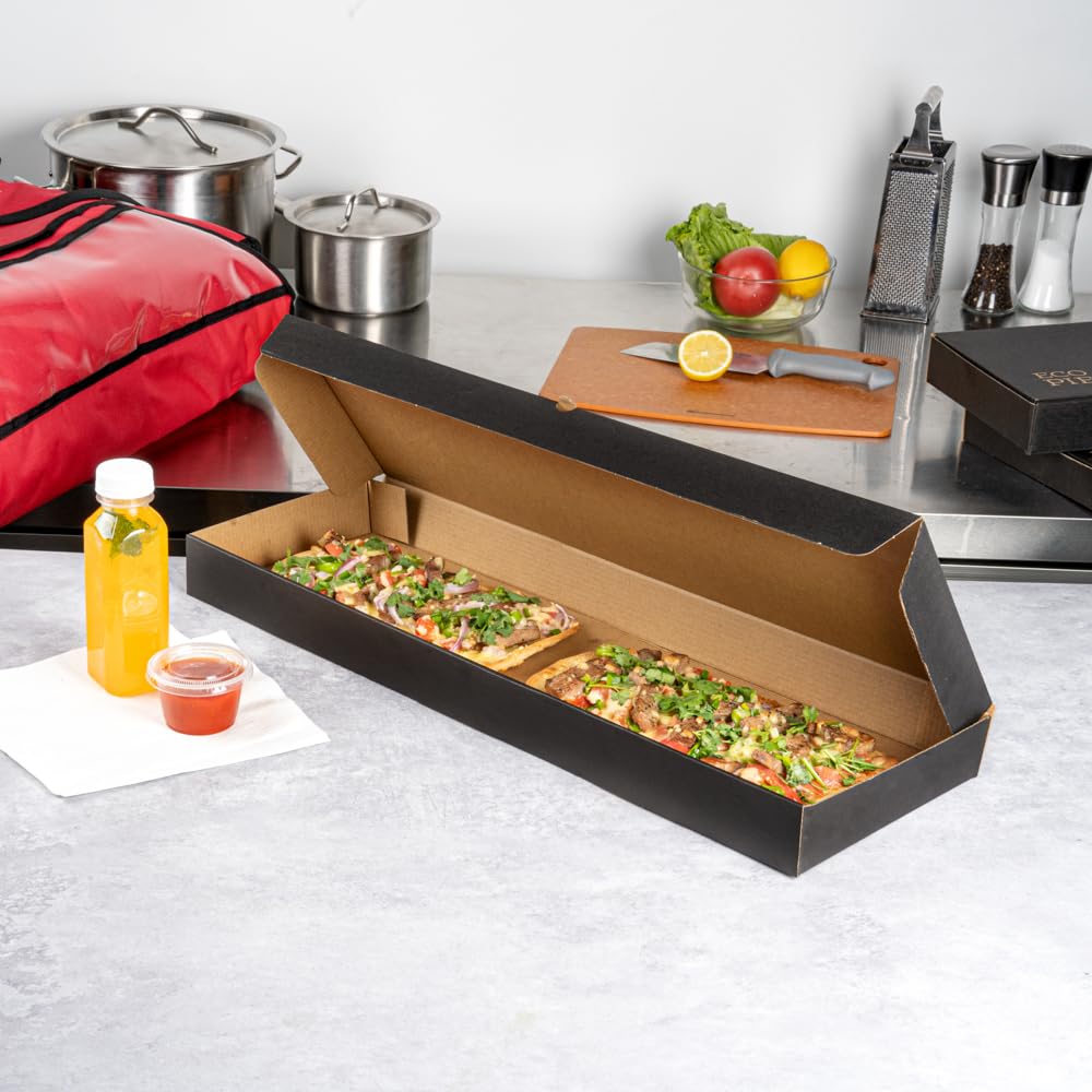 Eco-Friendly 24 x 12 x 2 Inch Flatbread Takeaway Boxes - 50 Pack Sturdy Corrugated Pizza Boxes with E-Flute Design & Tab-Lock System | Black & Kraft Paper Disposable Food Containers for Flatbreads, Pizzas, and Catering Events