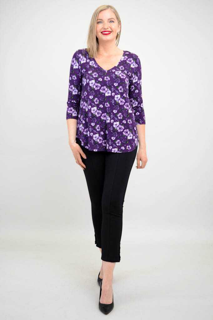 Jackie 3/4 Sleeve Bamboo Top with Hibiscus Print - Women's Comfortable & Breathable Shirt for Yoga, Beach & Summer Outfits