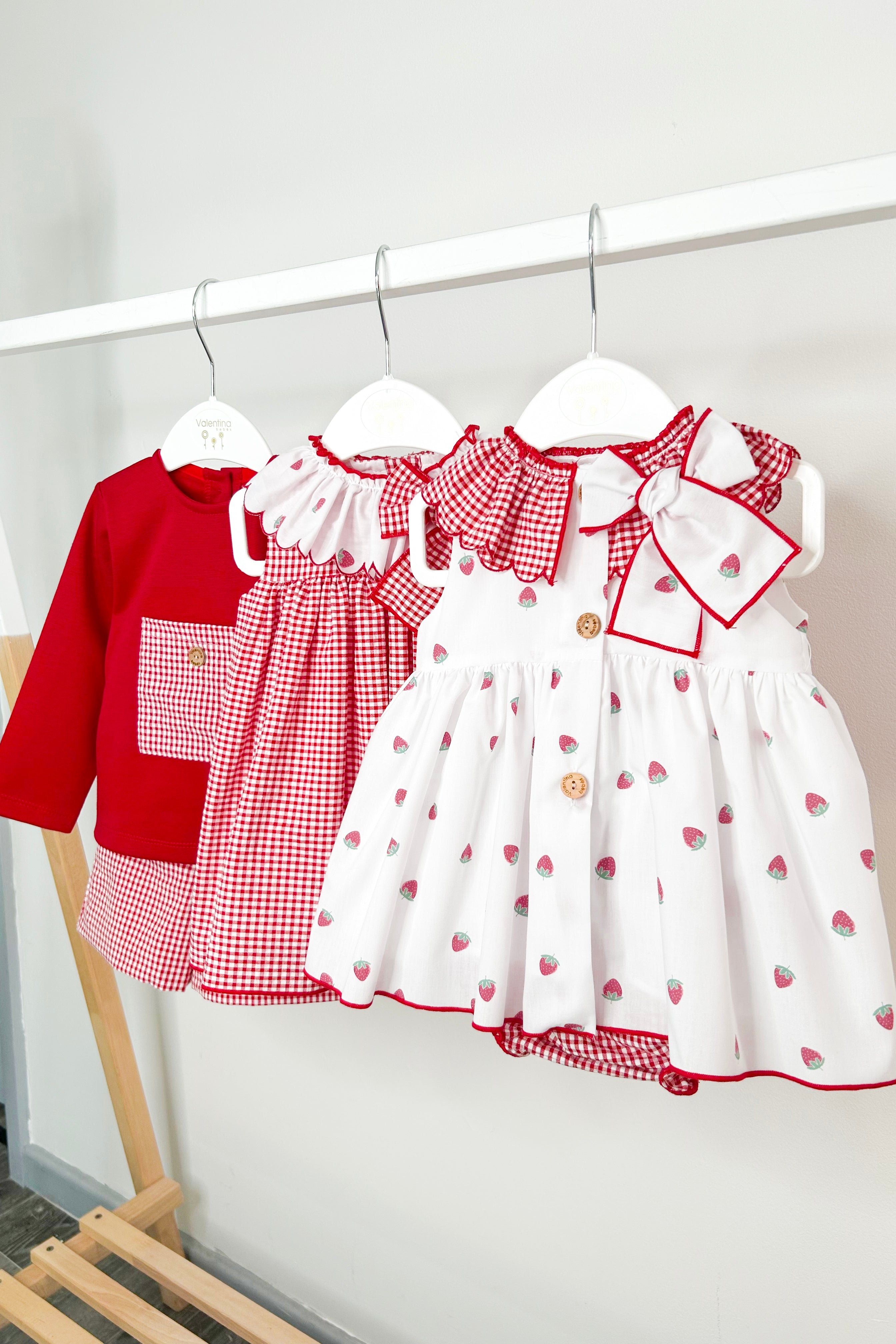 Vivienne Red Strawberry Print Dress with Bloomers - Cute Baby Girl Outfit for Photoshoots, Parties & Special Occasions