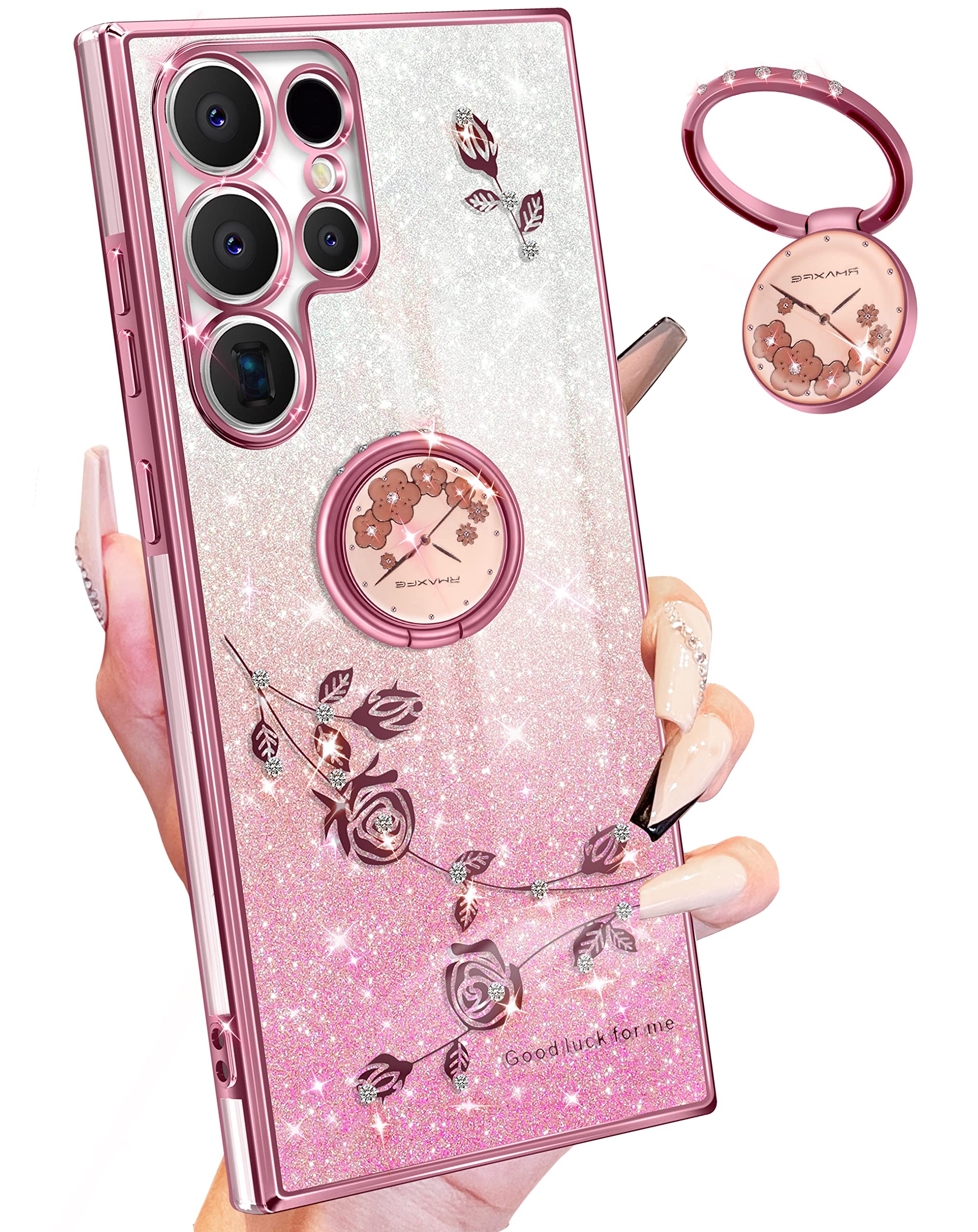 3-in1 Sparkly Glitter Phone Case for Samsung Galaxy S23 Ultra - Cute Floral Bling Cover with Ring Stand for Women & Girls | Protective 6.8