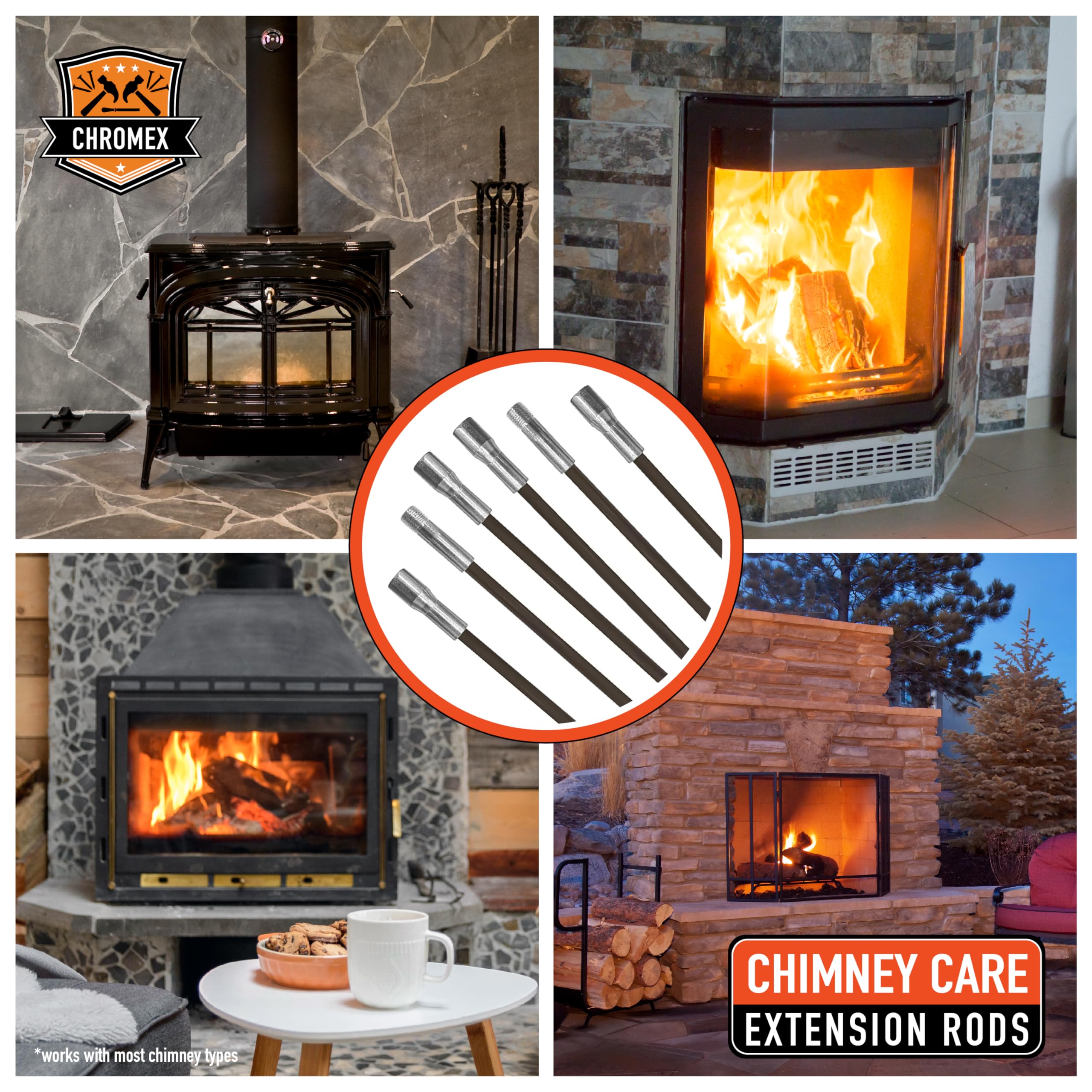 18ft Chimney Cleaning Kit - 6x3ft Fiberglass Rods & 6in Poly Brush for Fireplace Maintenance