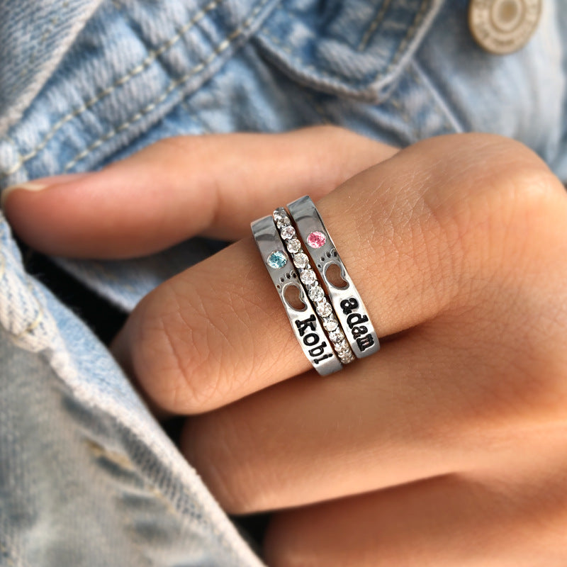 Personalized Birthstone Stacking Ring with Custom Name - Foot Prints TP003 - Perfect for Gifts, Anniversaries, and Everyday Wear