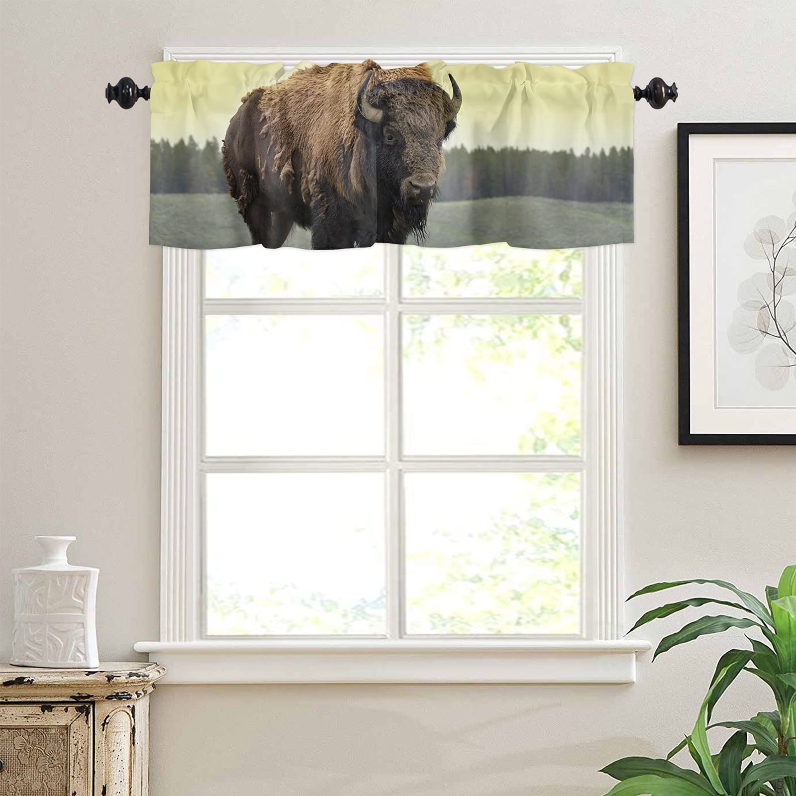 Bison Portrait Rod Pocket Window Valance - 54x18 Inch Short Curtain Panel for Kitchen, Living Room & Bedroom | Park Landscape Design Cafe Tier Drape Treatment | Perfect for Farmhouse, Rustic & Nature-Themed Home Decor