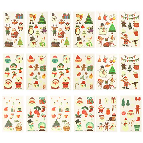 EXCEART 20 Sheets Christmas Temporary Tattoos for Kids & Adults - Glow in The Dark Cute Holiday Tattoo Stickers for Xmas, Birthday Party Favors & Festive Celebration Decorations