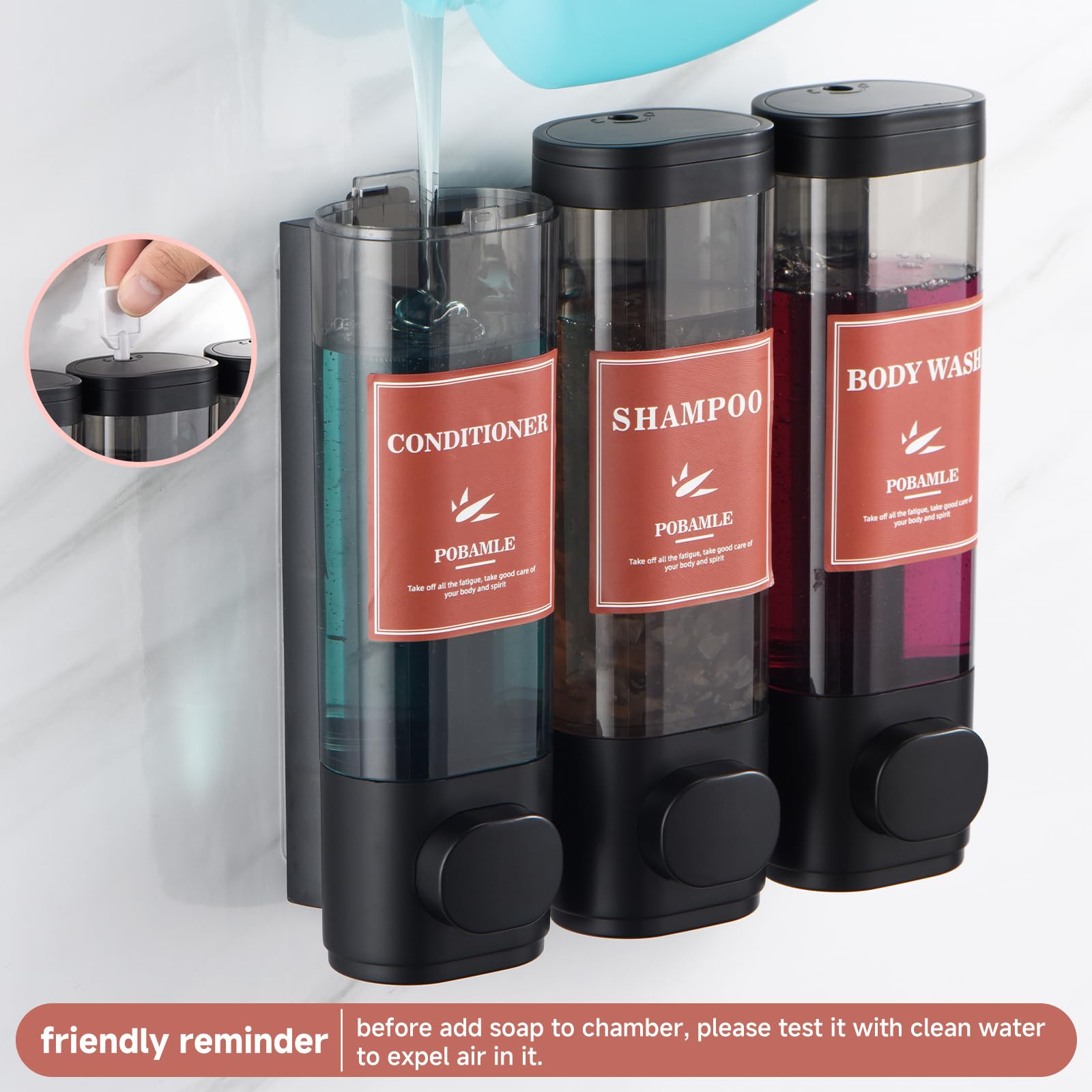 3-Chamber Wall Mounted Shampoo & Conditioner Dispenser - No Drill Bathroom Soap Dispenser for Shower, Holds Body Wash & Shower Gel (Black) | Perfect for Small Bathrooms & Shared Showers