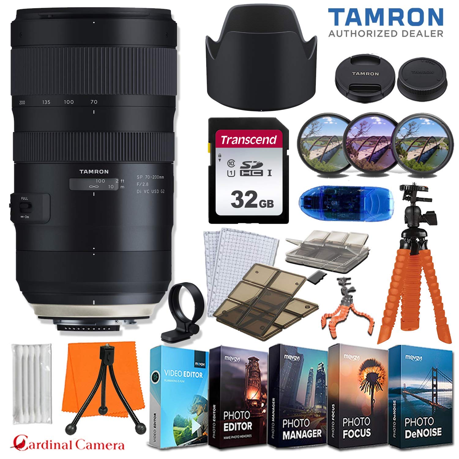 Tamron SP 70-200mm f/2.8 Di VC USD G2 Telephoto Zoom Lens for Nikon F Mount DSLR Cameras - Professional Photography Bundle with 32GB SD Card, Editing Software & Spider Flex Tripod - Perfect for Portraits, Sports and Travel Photography