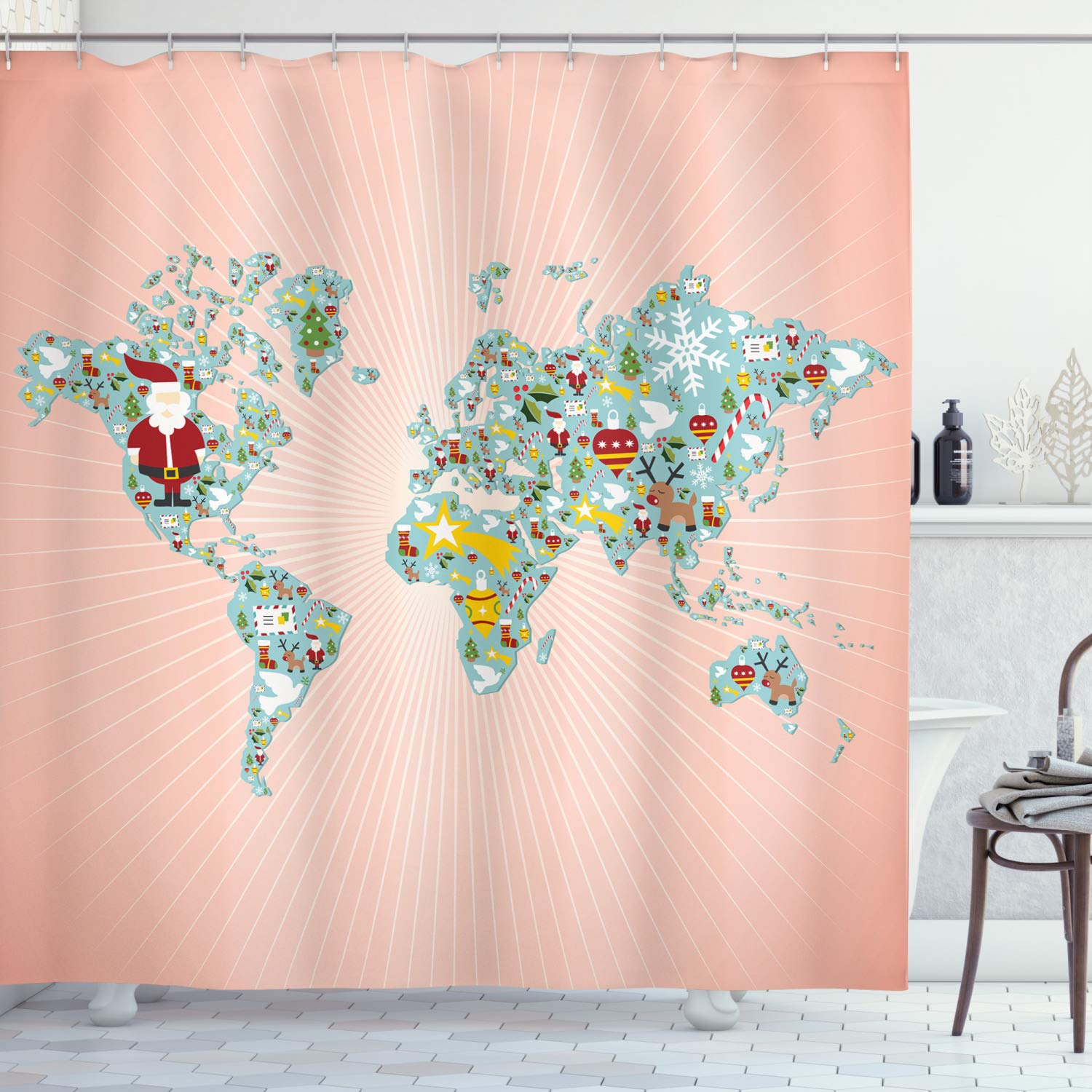 Ambesonne Christmas Shower Curtain - World Map Design with Holiday Ornaments & Santa Claus, 69x70 Inch Fabric Bathroom Decor with Hooks | Perfect for Xmas Bathroom Makeover, Holiday Gift & Festive Home Decor