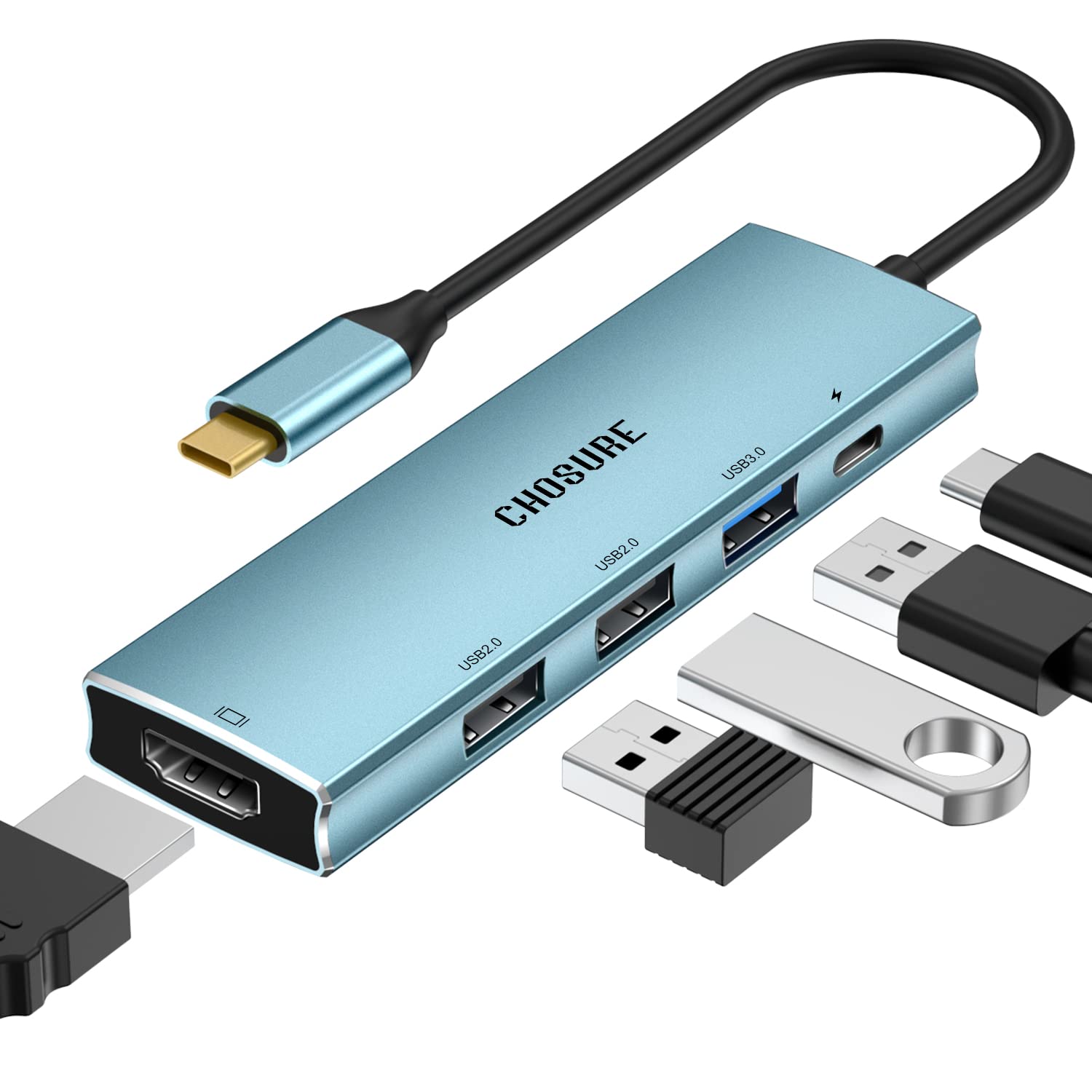 5-in-1 USB C Hub with 4K HDMI, 3 USB Ports & 100W PD Charger - Thunderbolt 3 Adapter for MacBook Pro/Air, iPad, Dell XPS & More Type-C Devices (Light Blue) - Perfect for Home Office, Remote Work & Travel Accessories