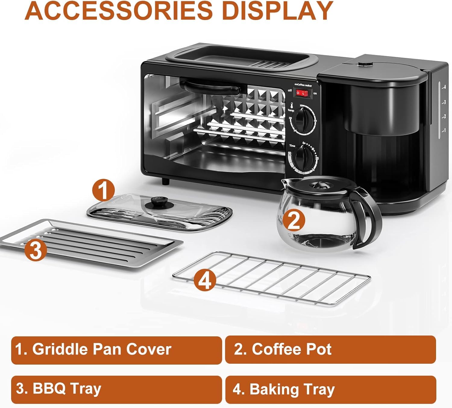 3-in-1 Breakfast Station with Timer - Toaster, Frying Pan & Coffee Maker - Compact Portable Oven for Small Kitchens, Apartments & Dorms - Perfect for Quick Breakfasts, Camping & Office Use