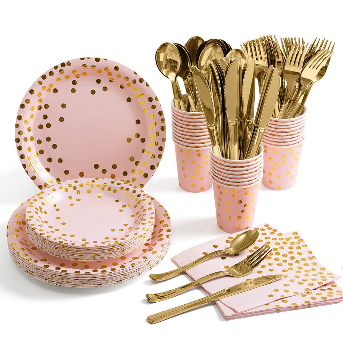 Pink and Gold Party Supplies Set - 175Pcs Disposable Paper Plates, Cups, Napkins with Gold Dots & Gold Plastic Cutlery for Baby Shower, Wedding, Bridal Shower - Serves 25 Guests - Perfect for Elegant Celebrations and Special Occasions