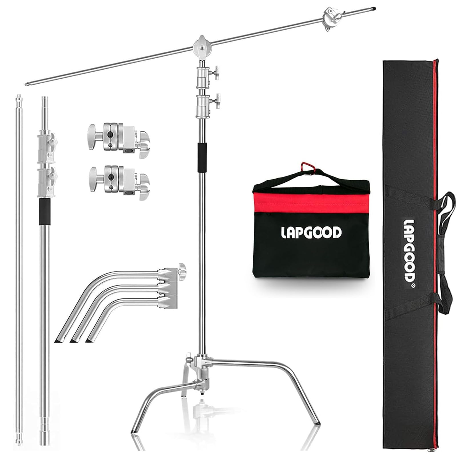 Heavy Duty Adjustable C Stand with Boom Arm - 10.82ft Max Height Stainless Steel Photography Light Stand Kit (4.2ft/128cm Holding Arm, 2 Grip Heads, Sandbag & Storage Bag) - Perfect for Studio Photography, Video Production & Lighting Equipment Support