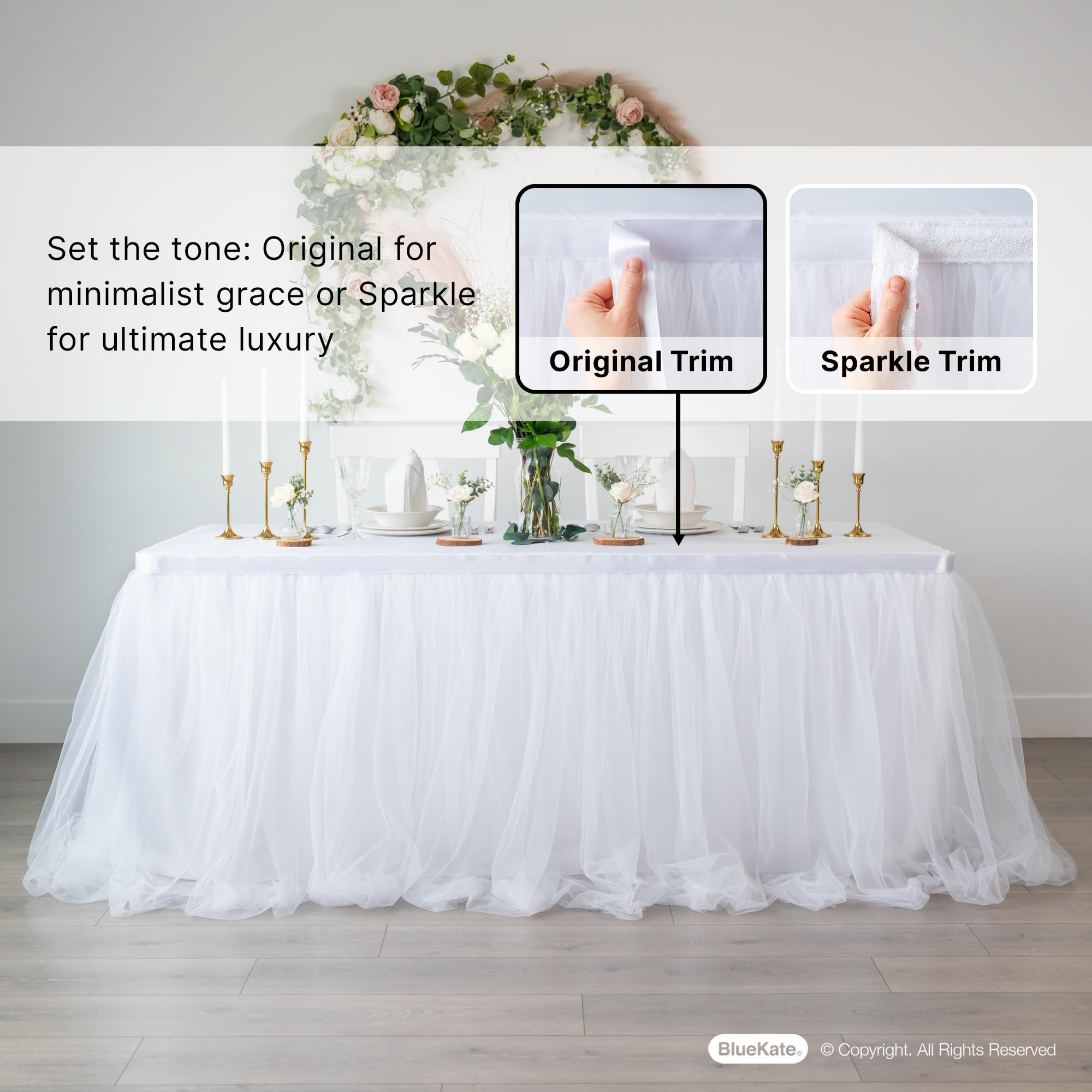 Bluekate White Tulle Table Skirt with Two Trims - 6ft Rectangle Table Tutu Skirt for Party Decor | Perfect for Baby Showers, Weddings & Unicorn Themed Events | Elegant Table Cover for Birthday Parties & Special Occasions