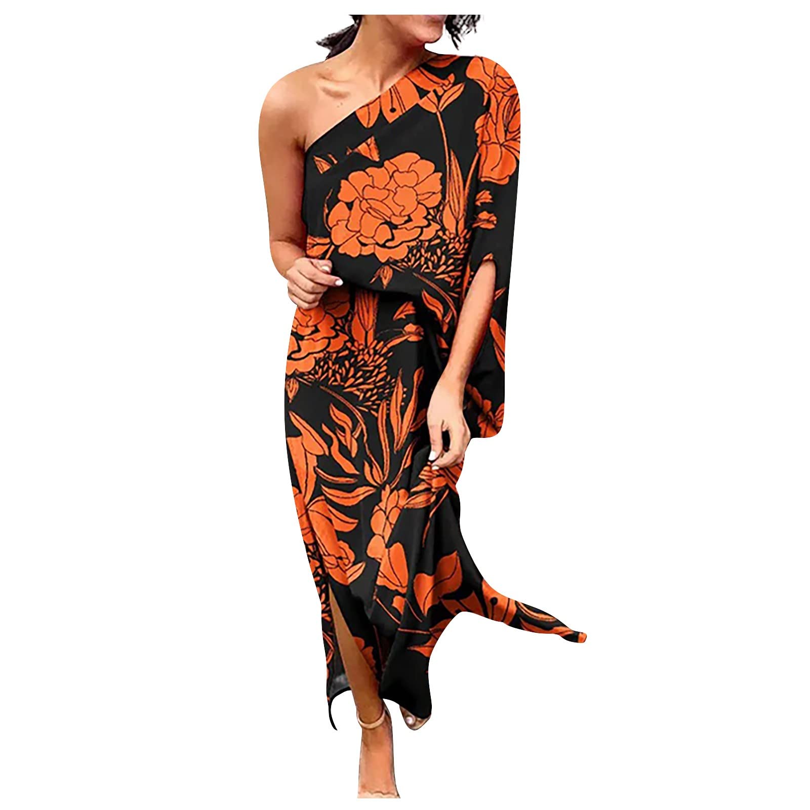 EKOUSN Women's Summer Midi Dress - Sexy Floral Print Side Split Cold Shoulder Button Down Skirt Dress for Casual Outings, Parties & Date Nights