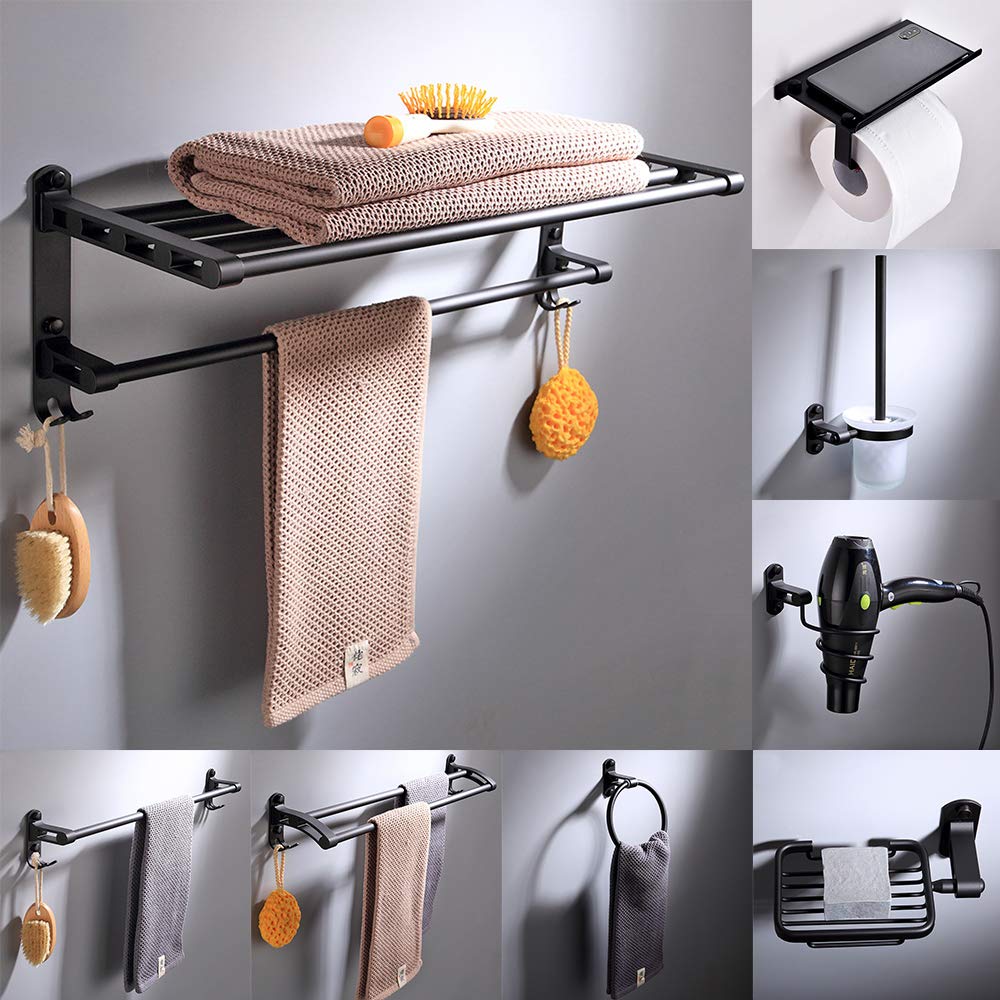 9-Piece Bathroom Wall Mount Storage Set - Towel Rack, Shelf, Paper Holder, Toilet Brush & Hair Dryer Organizer - Space Saving Hanging Toilet Organizer with Hooks for Small Bathrooms & Apartments - Perfect for Bathroom Organization & Clutter-Free Living