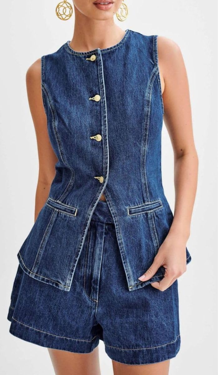 Women's Denim 2-Piece Outfit - Sleeveless Jean Blazer Vest & Shorts Set for Casual & Business Wear | Summer Street Style & Office Outfit