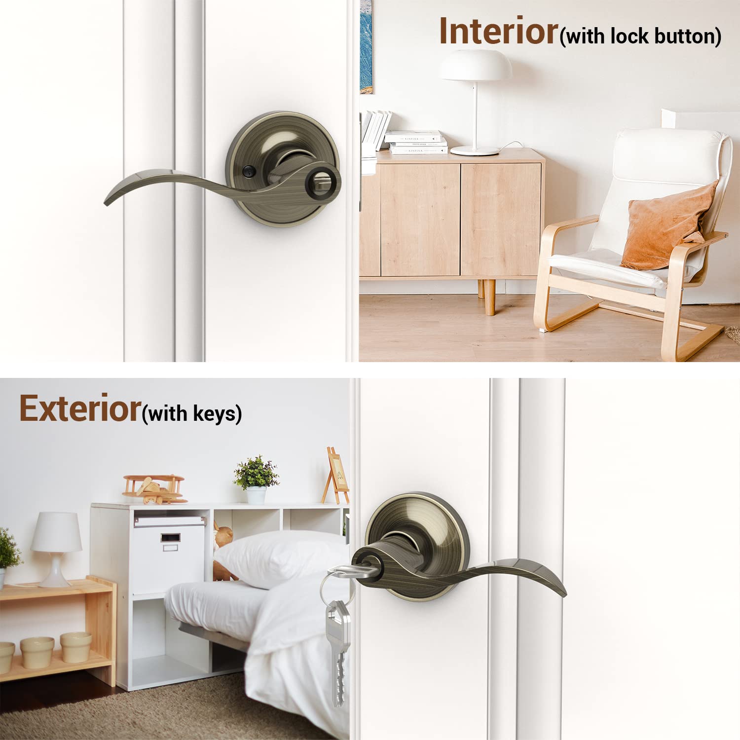 Ohuhu Antique Bronze Door Handle Set - Interior & Exterior Door Knob with Key, Wave Style Lever Lock for Bedroom, Bathroom Privacy (Zinc Alloy) - Perfect for Home Entryway, Office & Rental Property Security