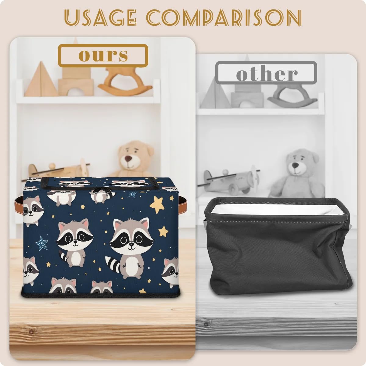 Cute Raccoon Fabric Storage Bins with Lid & Leather Handle - Foldable Washable Closet Organizer for Clothes, Toys, or Blankets (2-Pack) - Perfect for Bedroom, Nursery, or Office Organization