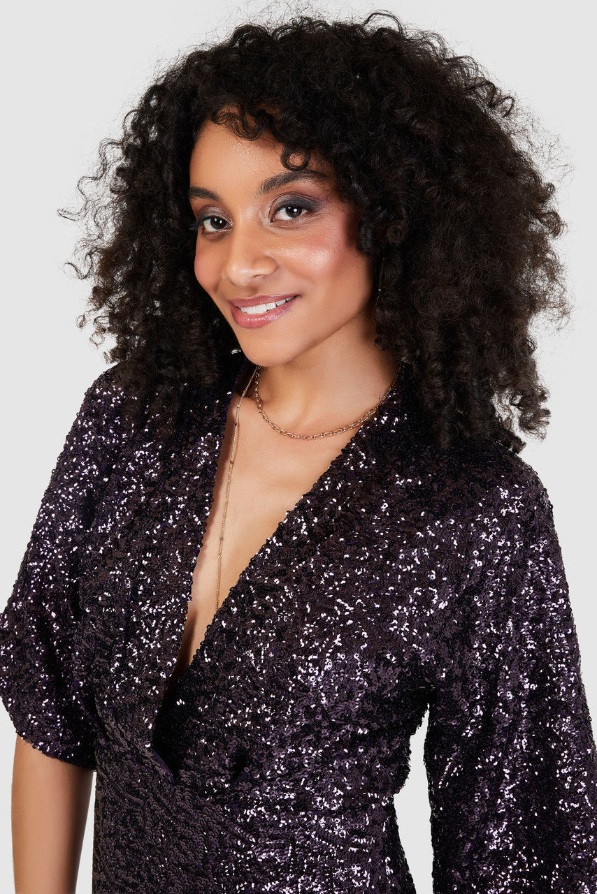 Elegant Purple Marilyn Sequin Kimono Pencil Midi Dress for Women | Perfect for Evening Parties, Cocktail Events & Special Occasions