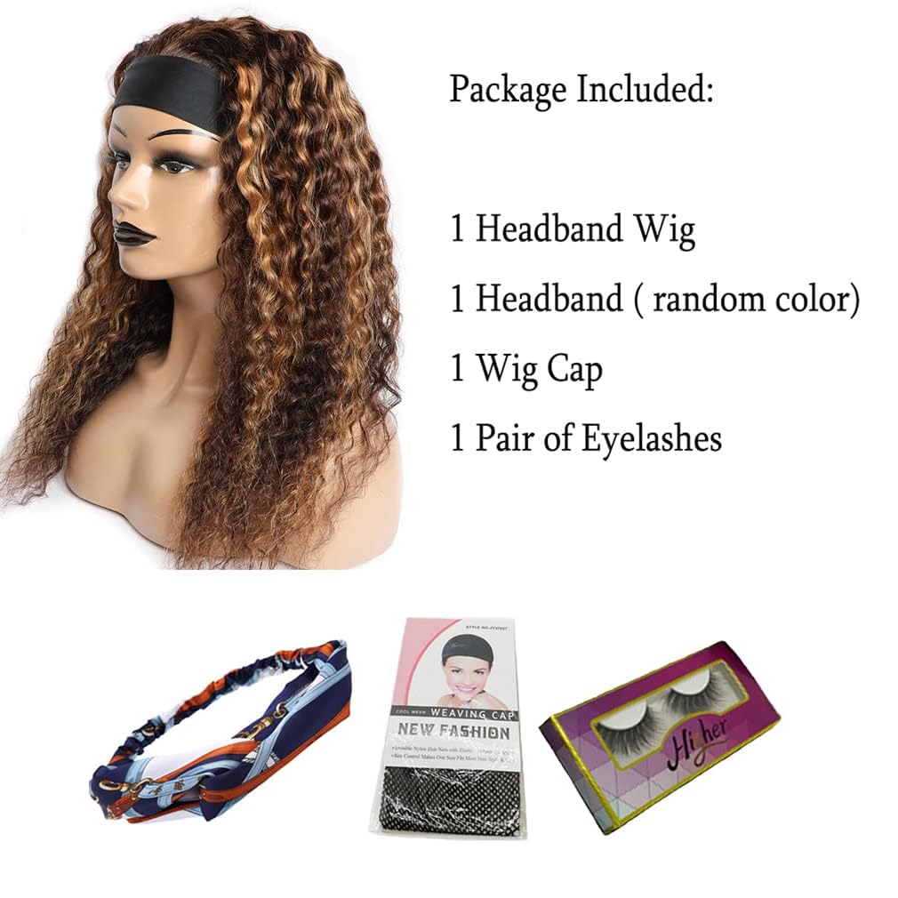 WENYAN Ombre Headband Wig - 26 Inch Deep Wave Human Hair Wig for Black Women | #4/27 Highlight Curly Glueless Lace-Free Brazilian Virgin Hair | 150% Density Machine Made | Perfect for Daily Wear, Parties & Protective Styling