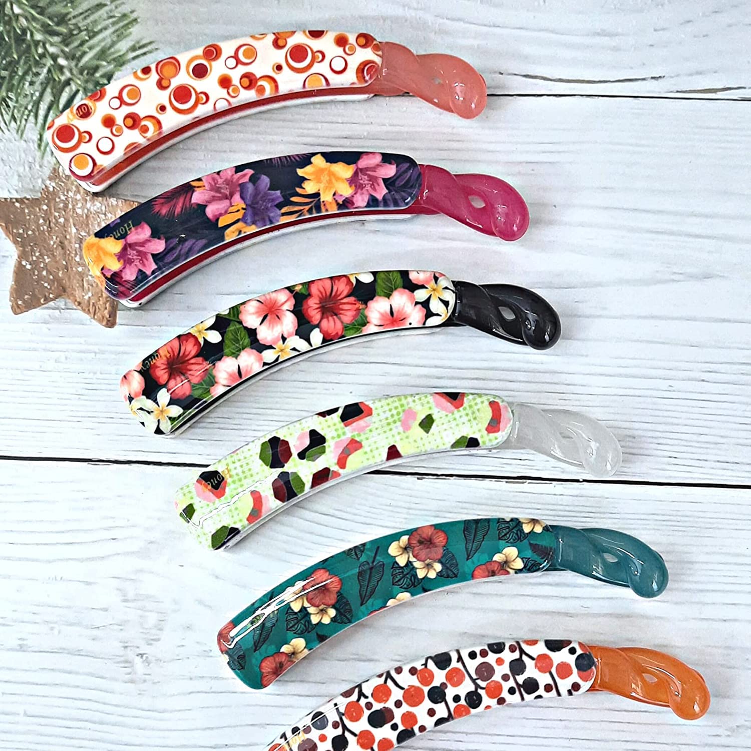 BIRDWARE Large Colorful Rubber Acrylic Banana Hair Clips for Women - 6 Pack Printed Hair Accessories | Perfect for Parties, Weddings & Everyday Styling