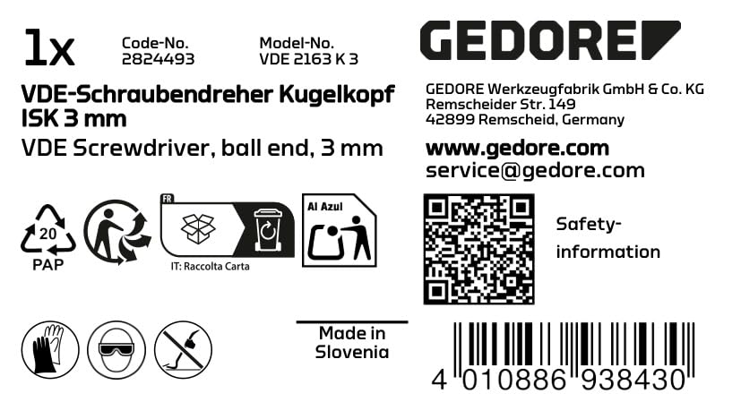 GEDORE VDE 2163 K 3 VDE Insulated Screwdriver with Ball End - 3mm Blade for Electrical Work & DIY Projects - Perfect for Electricians, Technicians & Home Repairs