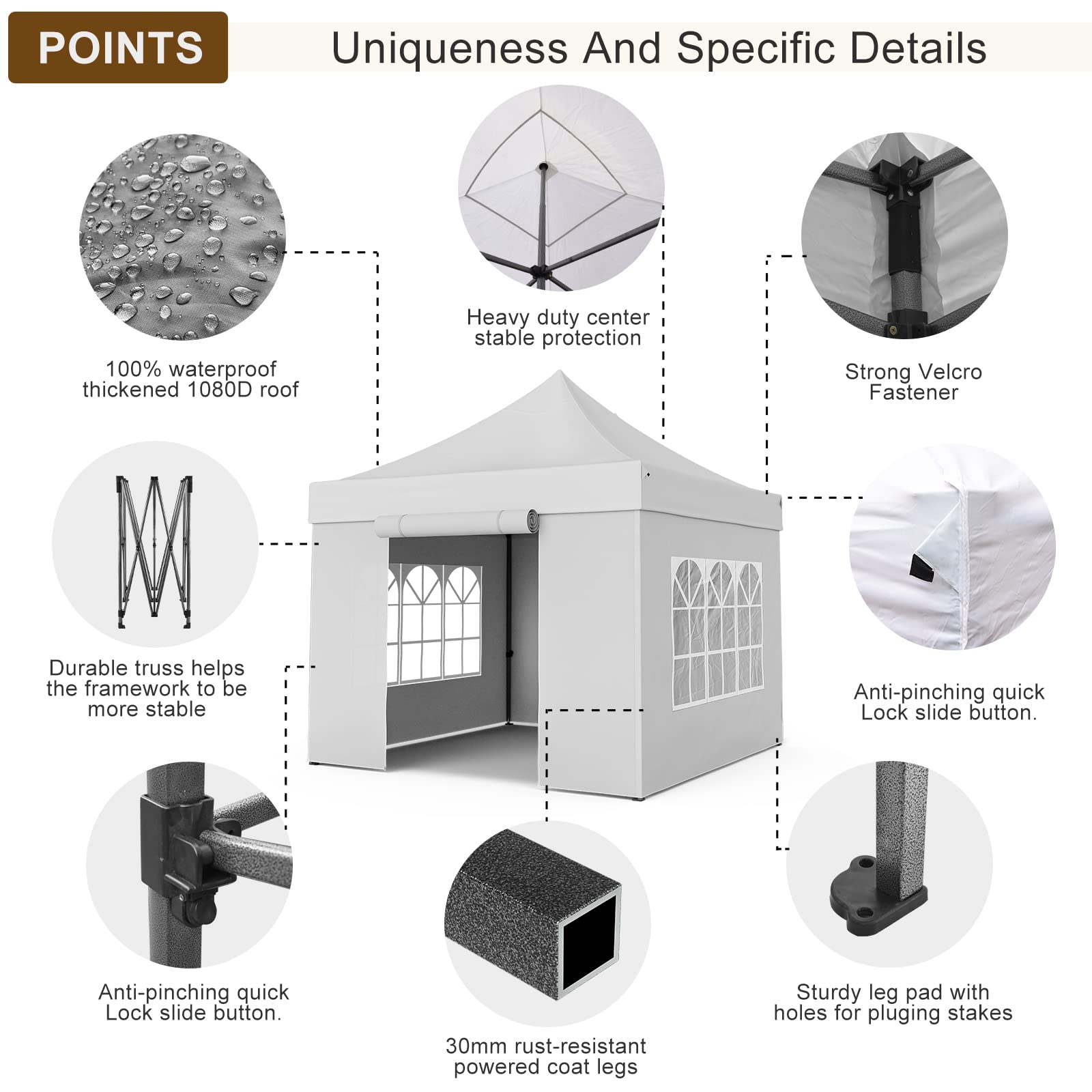 10x10 Pop Up Canopy Tent with Sidewalls - Heavy Duty Commercial Canopy Waterproof & Easy Setup - Perfect for Outdoor Events, Farmers Markets, Beach Parties & Camping (White)