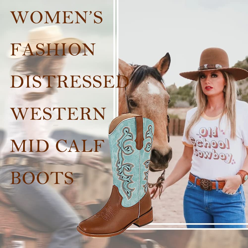 Tscoyuki Women's Floral Embroidered Cowboy Boots - Fashion Western Pointed Toe Mid Calf Boots with Chunky Low Heel | Perfect for Country Music Festivals, Rodeos & Western Style Outfits