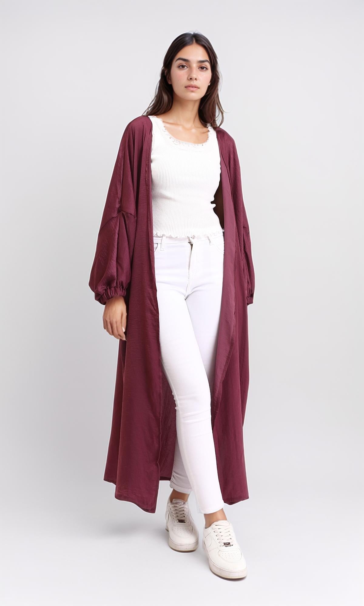 R207943 Slip On Textured Long Cardigan for Women - Maroon Wrap Sweater | Perfect for Fall & Winter Layering, Office Wear & Casual Outfits