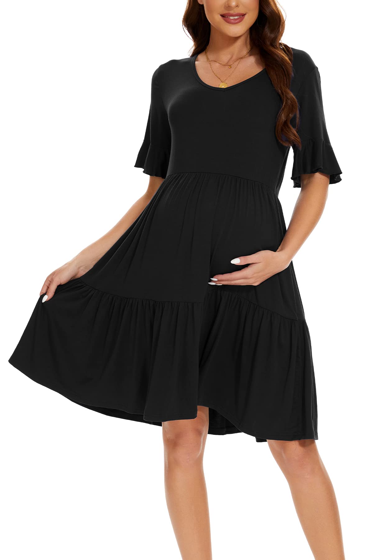 Smallshow Women's Maternity Dress - Ruffle Short Sleeve Pregnancy Clothes for Summer | Comfortable & Stylish Maternity Wear for Casual Outings, Baby Showers & Pregnancy Photos