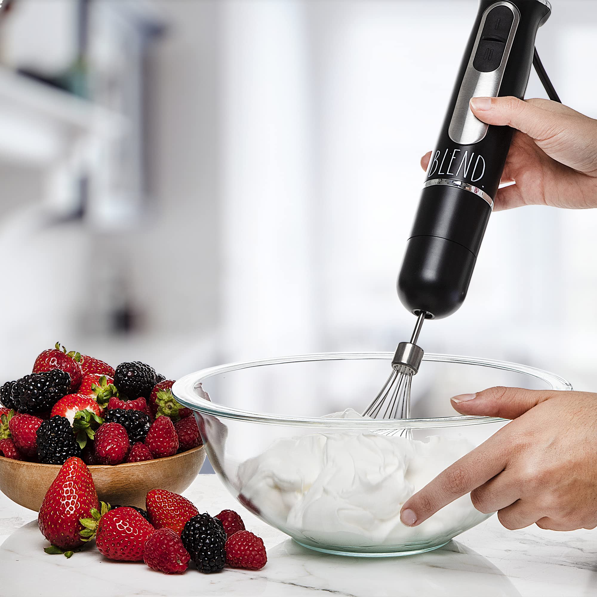 Rae Dunn 500W Immersion Hand Blender with Stainless Steel Blade - 2 Speed Handheld Blender with Egg Whisk & Milk Frother Attachments (Black) - Perfect for Smoothies, Soups, Sauces & Baking at Home