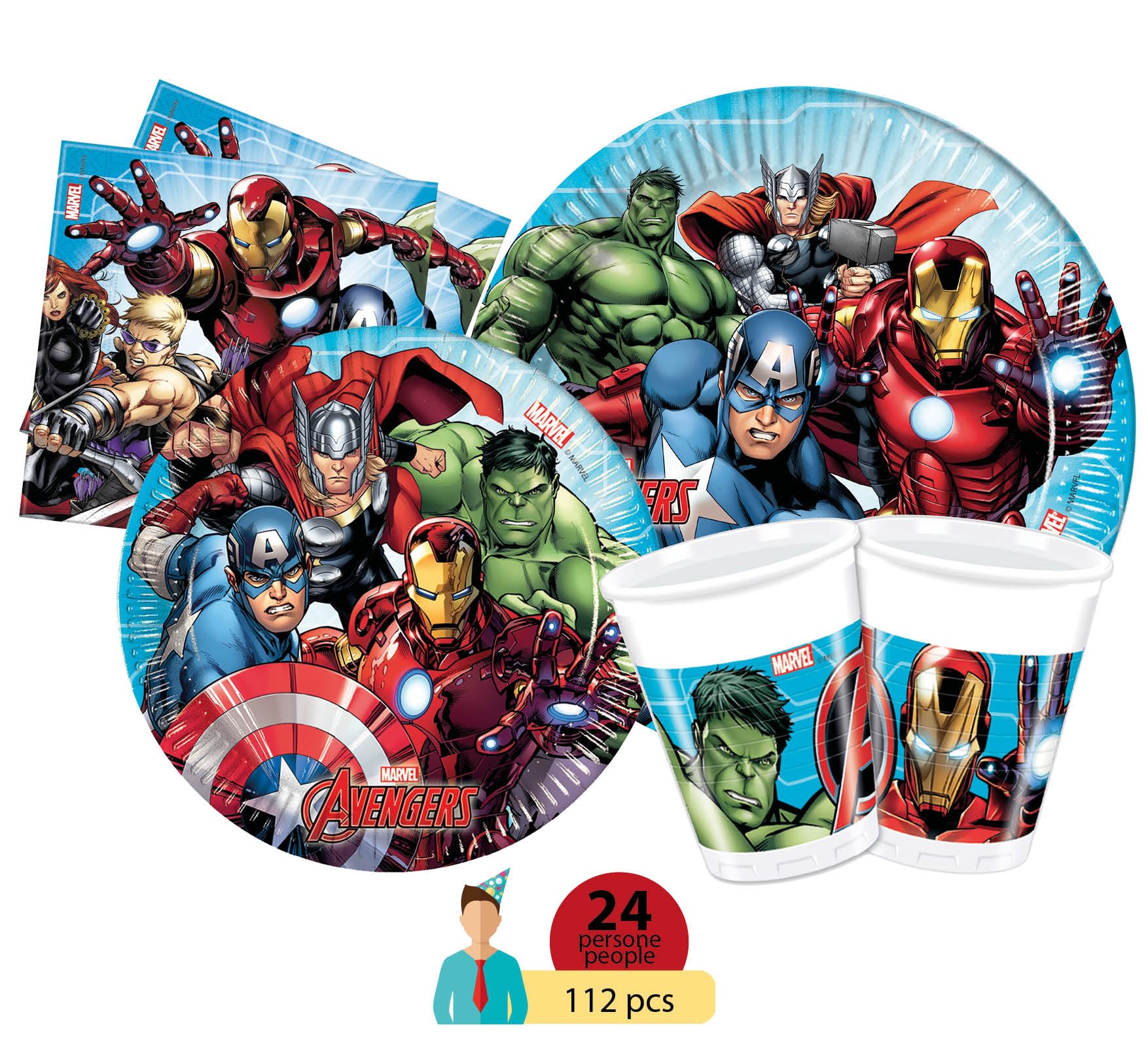 Marvel Avengers Party Supplies Set for 24 Guests - 112 Piece Tableware Kit (24 x 23cm & 20cm Paper Plates, 24 x 200ml Plastic Cups, 40 x 33x33cm Napkins) - Perfect for Birthday Parties, Superhero Themed Events & Family Gatherings