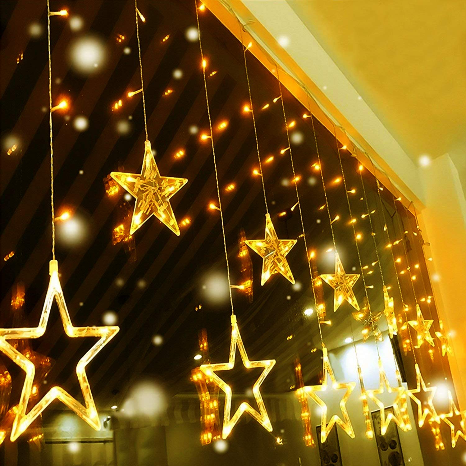 Quntis 138LEDs 12 Star Connectable Christmas Curtain Lights - 6.6ft LED String Lights with 8 Flashing Modes, Warm White Indoor/Outdoor Decorative Lighting for Bedroom, Window, Diwali, Christmas, Wedding, Party & Garden Decor