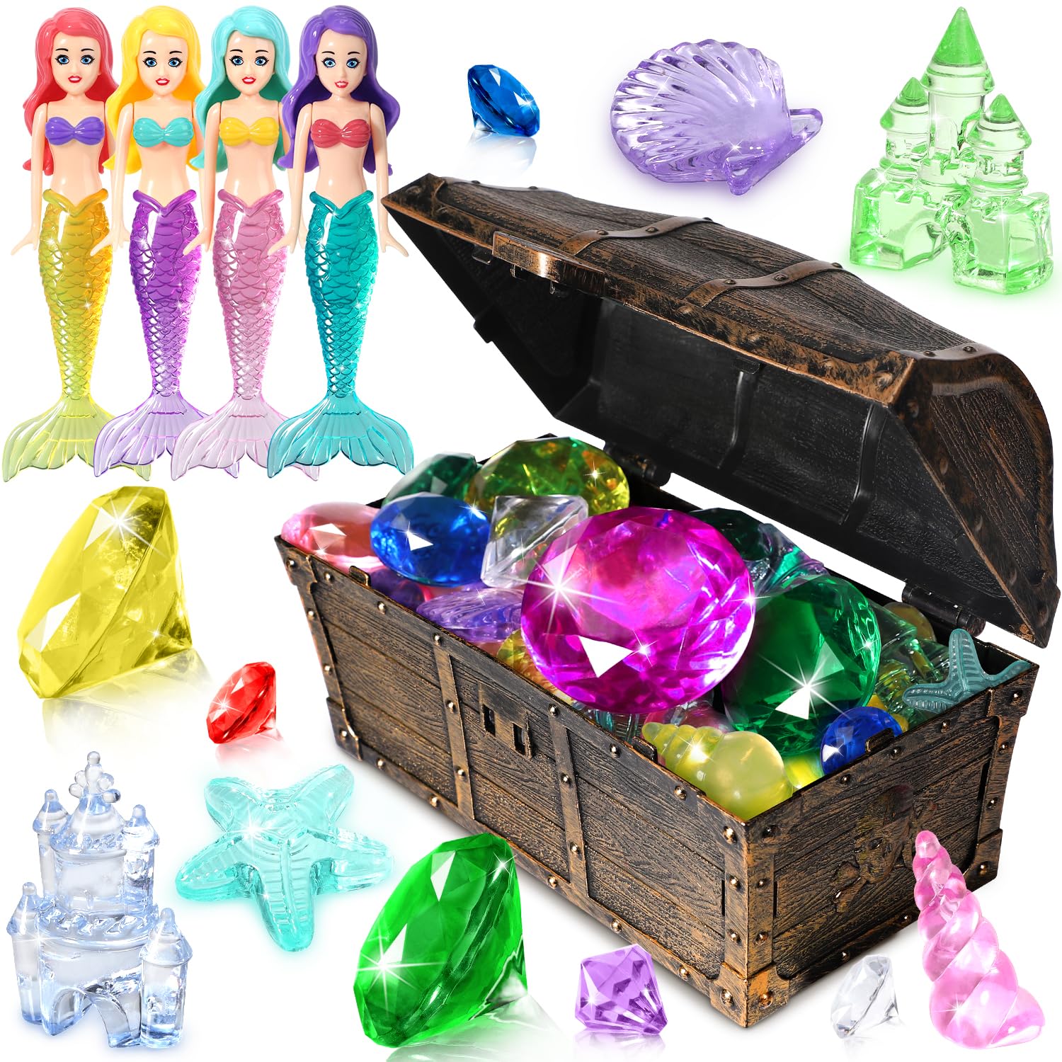 EIMMBD 36pcs Diving Gem Pool Toys Set - Colorful Plastic Diamonds with Treasure Pirate Box - Fun Swimming & Diving Toys for Kids - Perfect for Pool Parties, Beach Games & Underwater Treasure Hunts